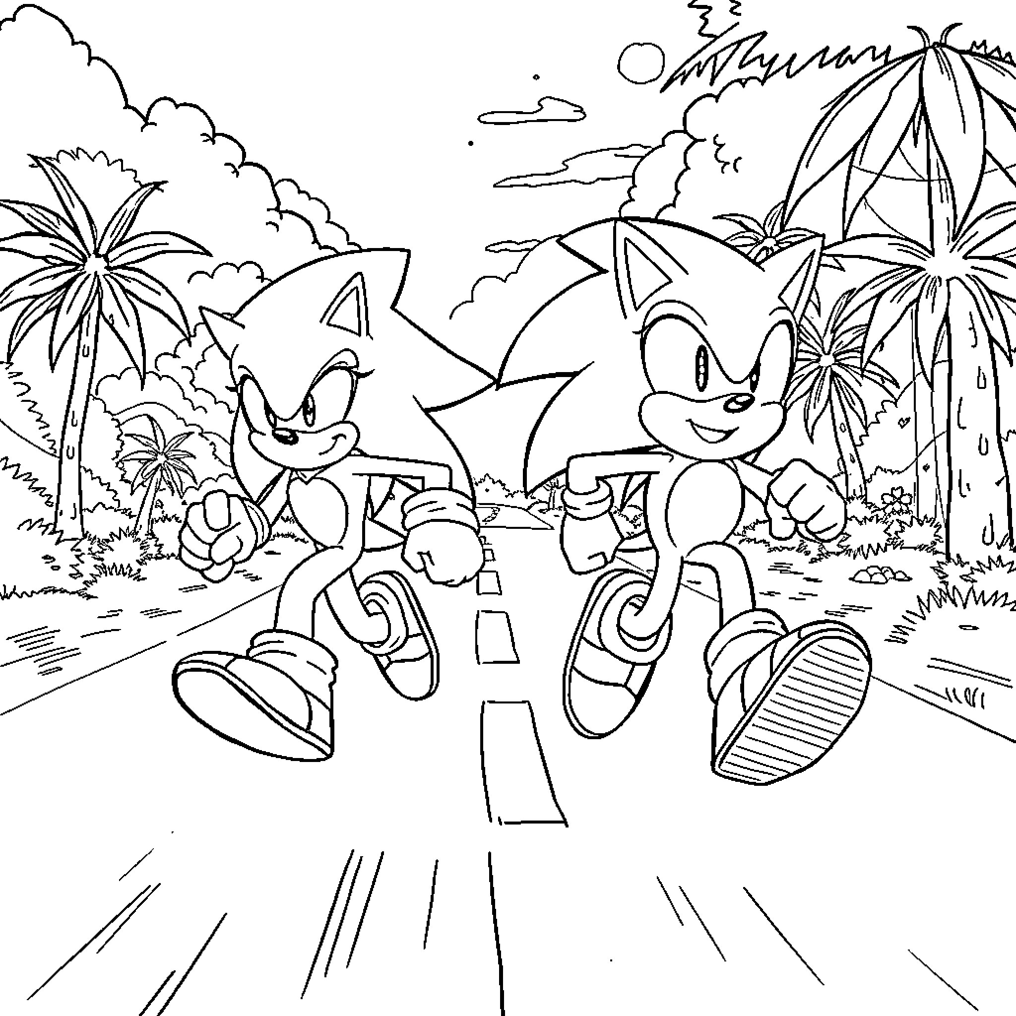 Sangoku Sonic and Friends Run through the Tropical Landscape Coloring Page (free black-and-white line drawing printable PDF for all, from beginners to advanced learners, including children, teens, adults, and seniors)