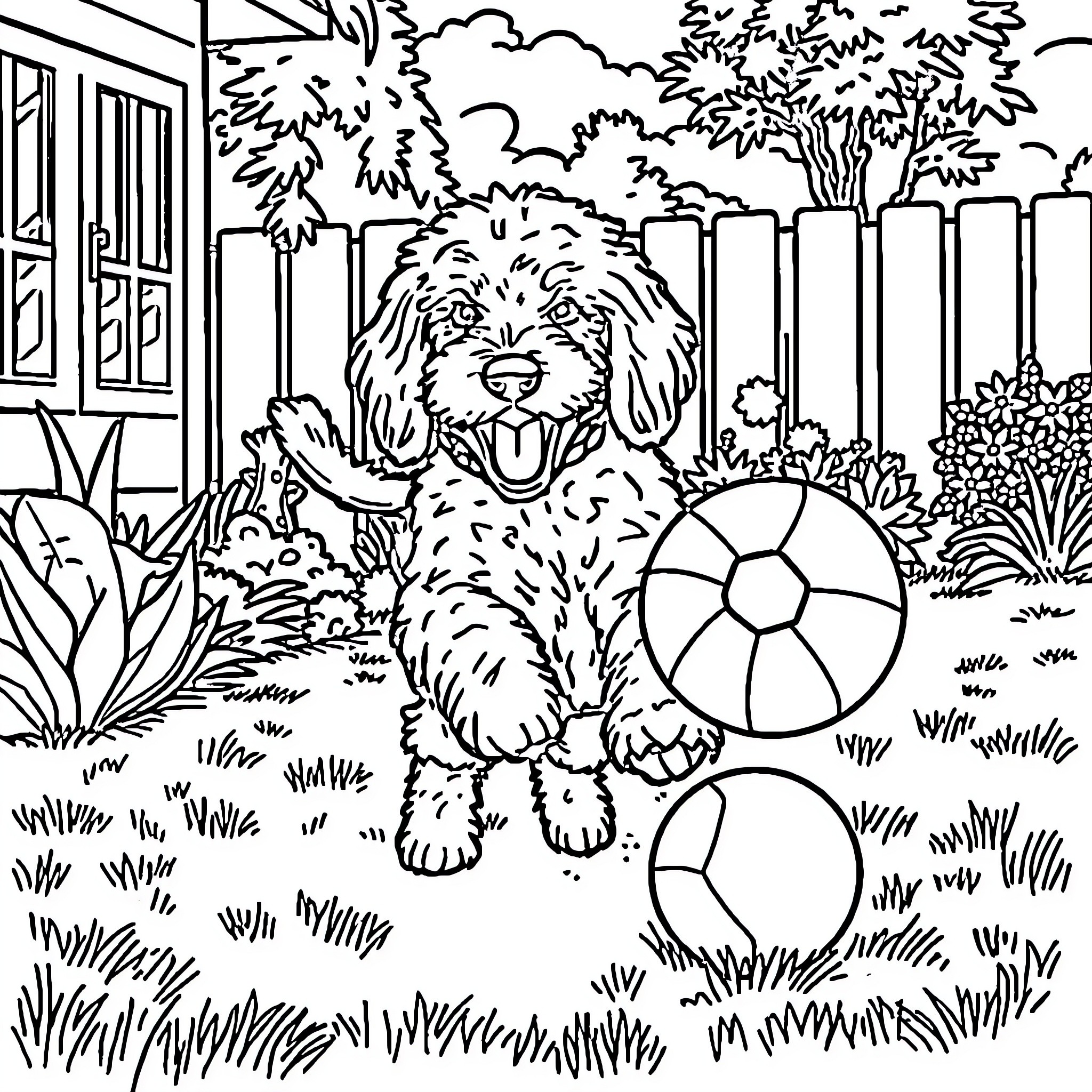 Doodle of playful puppy in backyard Coloring Page (free black-and-white line drawing printable PDF for all, from beginners to advanced learners, including children, teens, adults, and seniors)