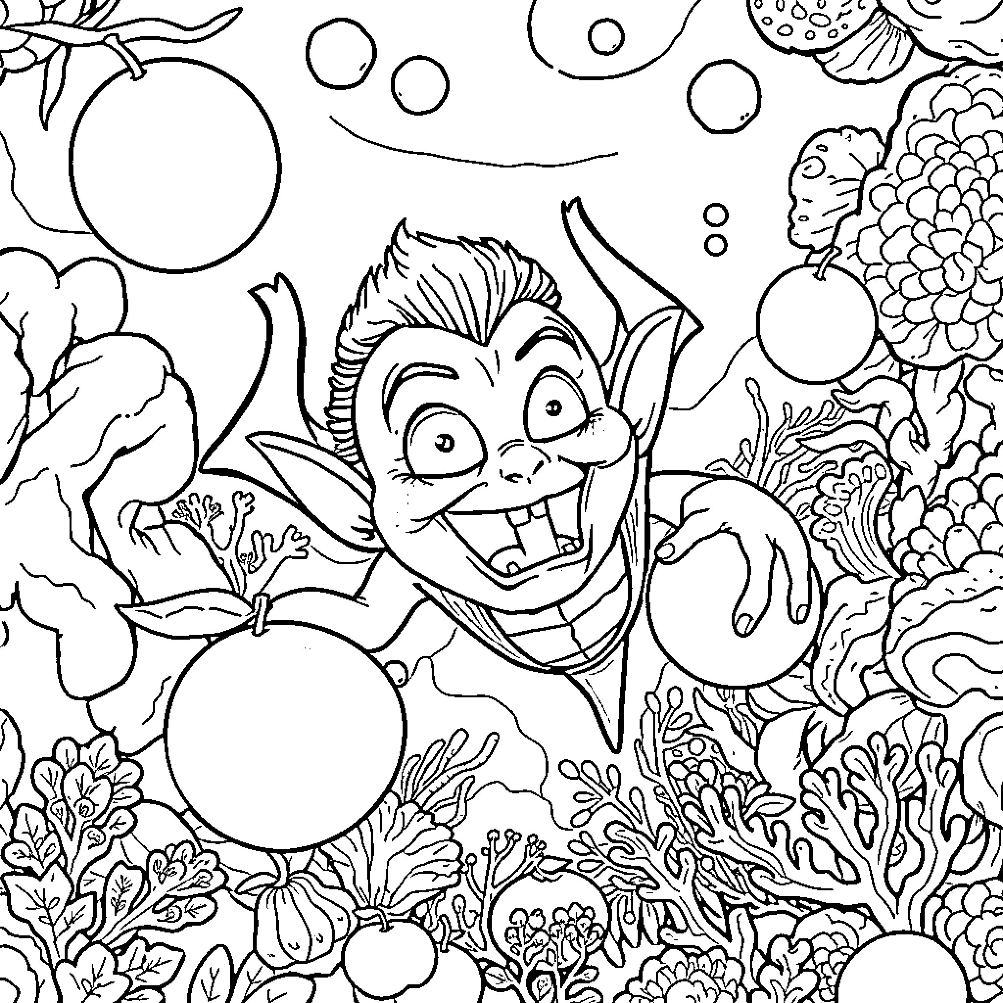Vampire enjoying a magical underwater fantasy Coloring Page (free black-and-white line drawing printable PDF for all, from beginners to advanced learners, including children, teens, adults, and seniors)