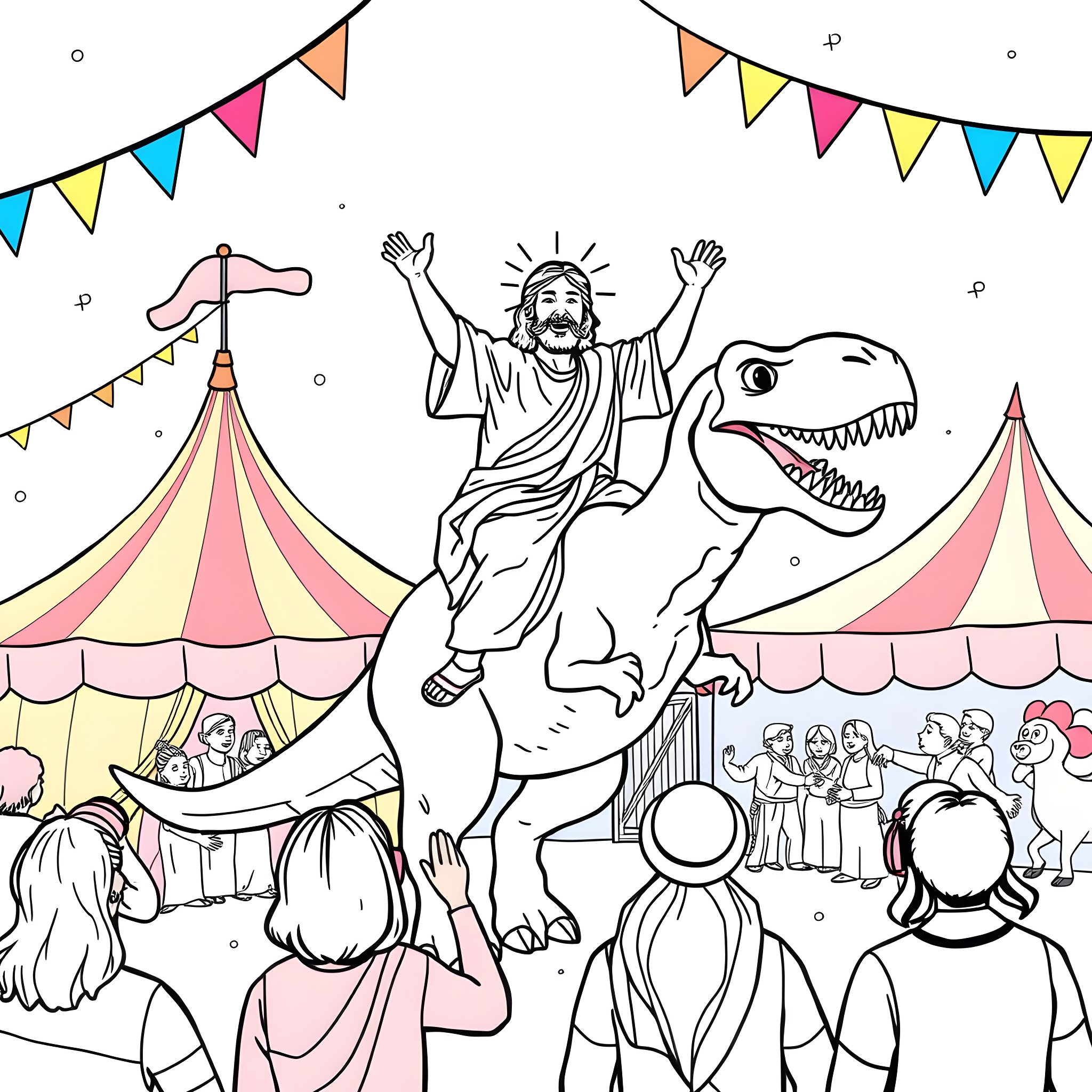 Jesus riding triumphantly on a dinosaur at the carnival Coloring Page (free black-and-white line drawing printable PDF for all, from beginners to advanced learners, including children, teens, adults, and seniors)