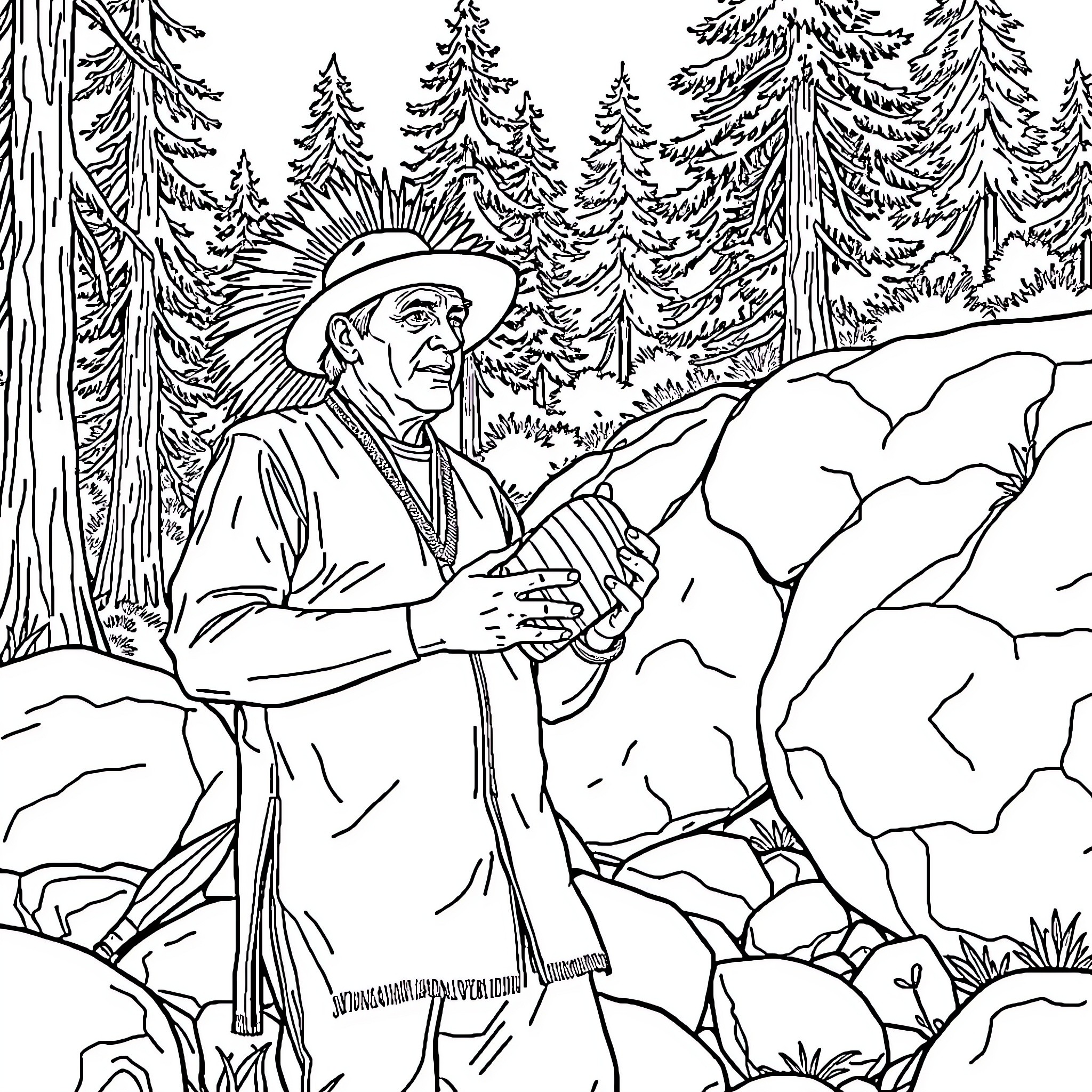Dave Smith Pomo Rock Man explores forest landscape Coloring Page (free black-and-white line drawing printable PDF for all, from beginners to advanced learners, including children, teens, adults, and seniors)
