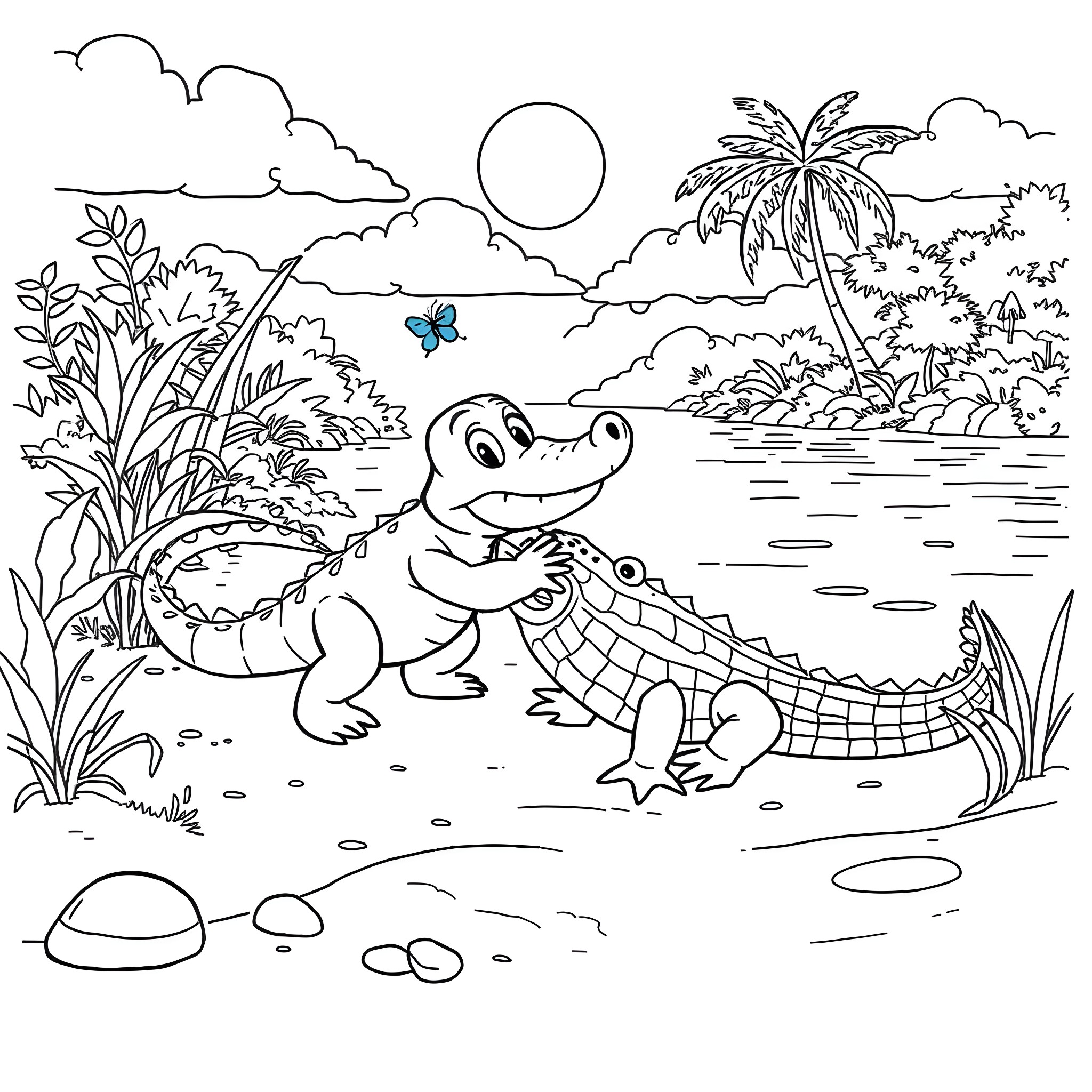 Bluey's Tropical Playground Adventure Coloring Page (free black-and-white line drawing printable PDF for all, from beginners to advanced learners, including children, teens, adults, and seniors)