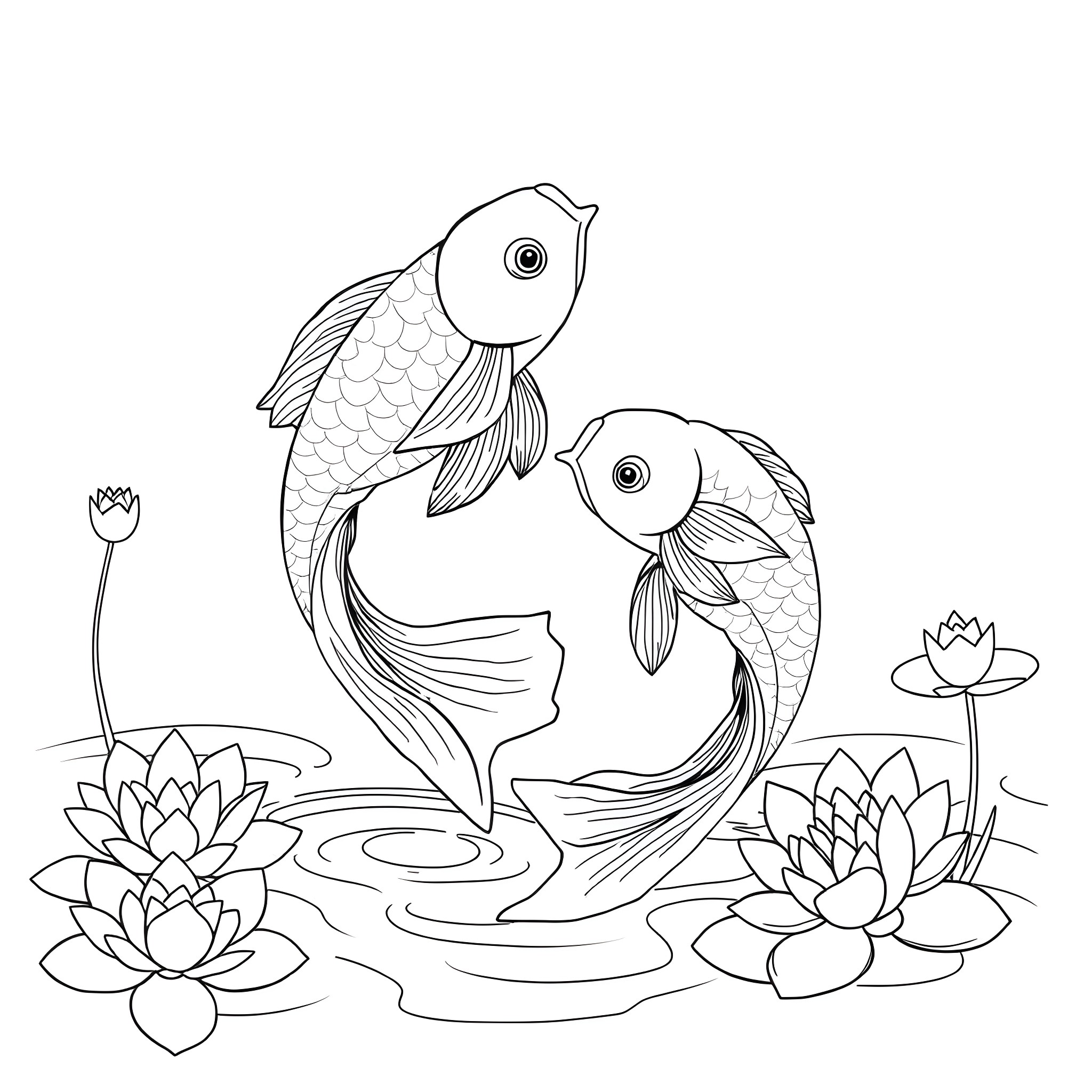 Yin Yang Koi Fish Swimming in Lotus Pond Coloring Page (free black-and-white line drawing printable PDF for all, from beginners to advanced learners, including children, teens, adults, and seniors)