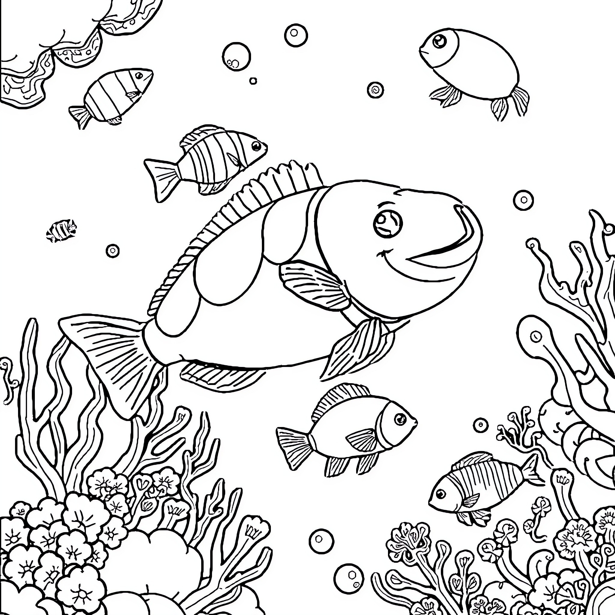 Sea Creature Swimming Happily in Underwater Scene Coloring Page (free black-and-white line drawing printable PDF for all, from beginners to advanced learners, including children, teens, adults, and seniors)