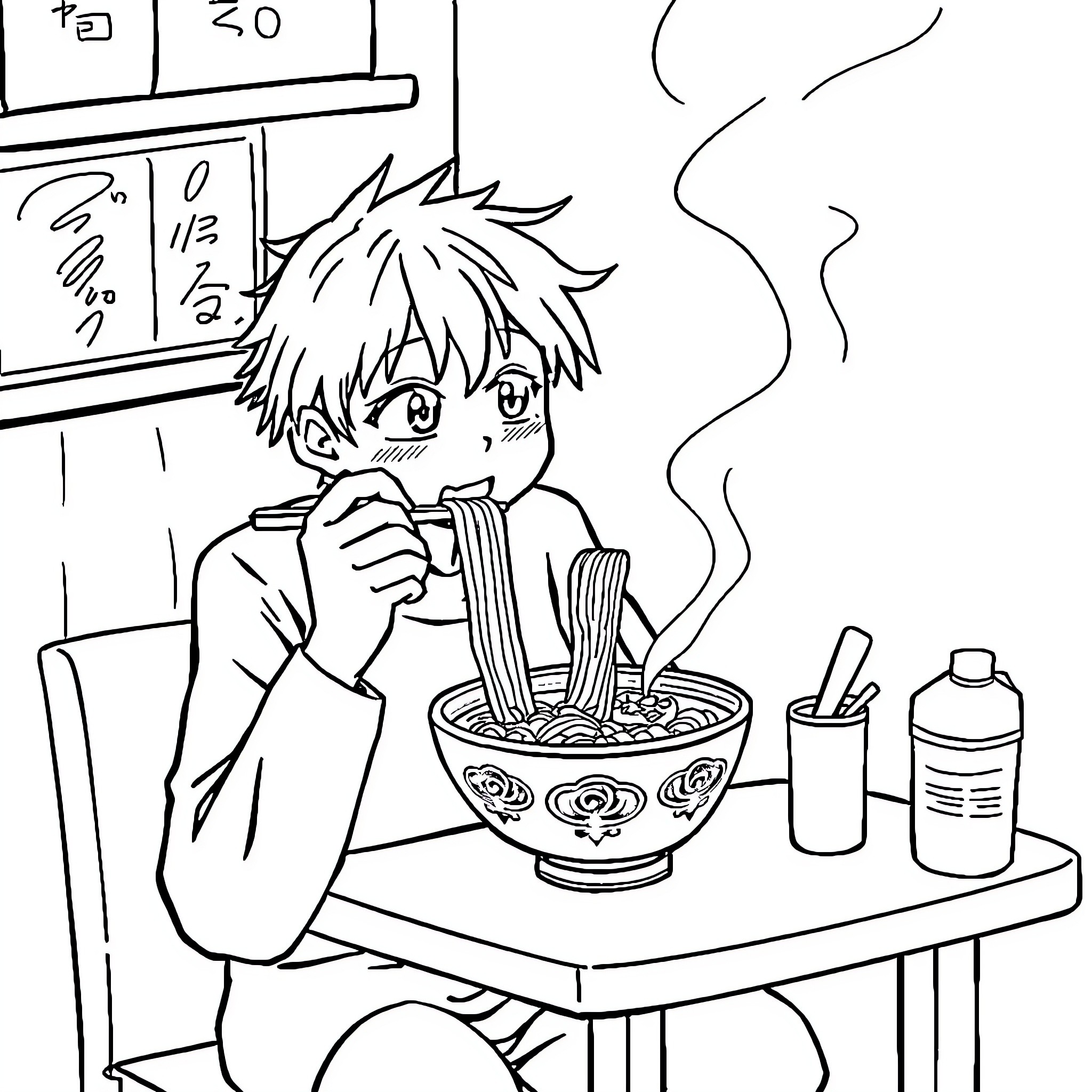 Shinobu enjoying a warm bowl of noodles Coloring Page (free black-and-white line drawing printable PDF for all, from beginners to advanced learners, including children, teens, adults, and seniors)
