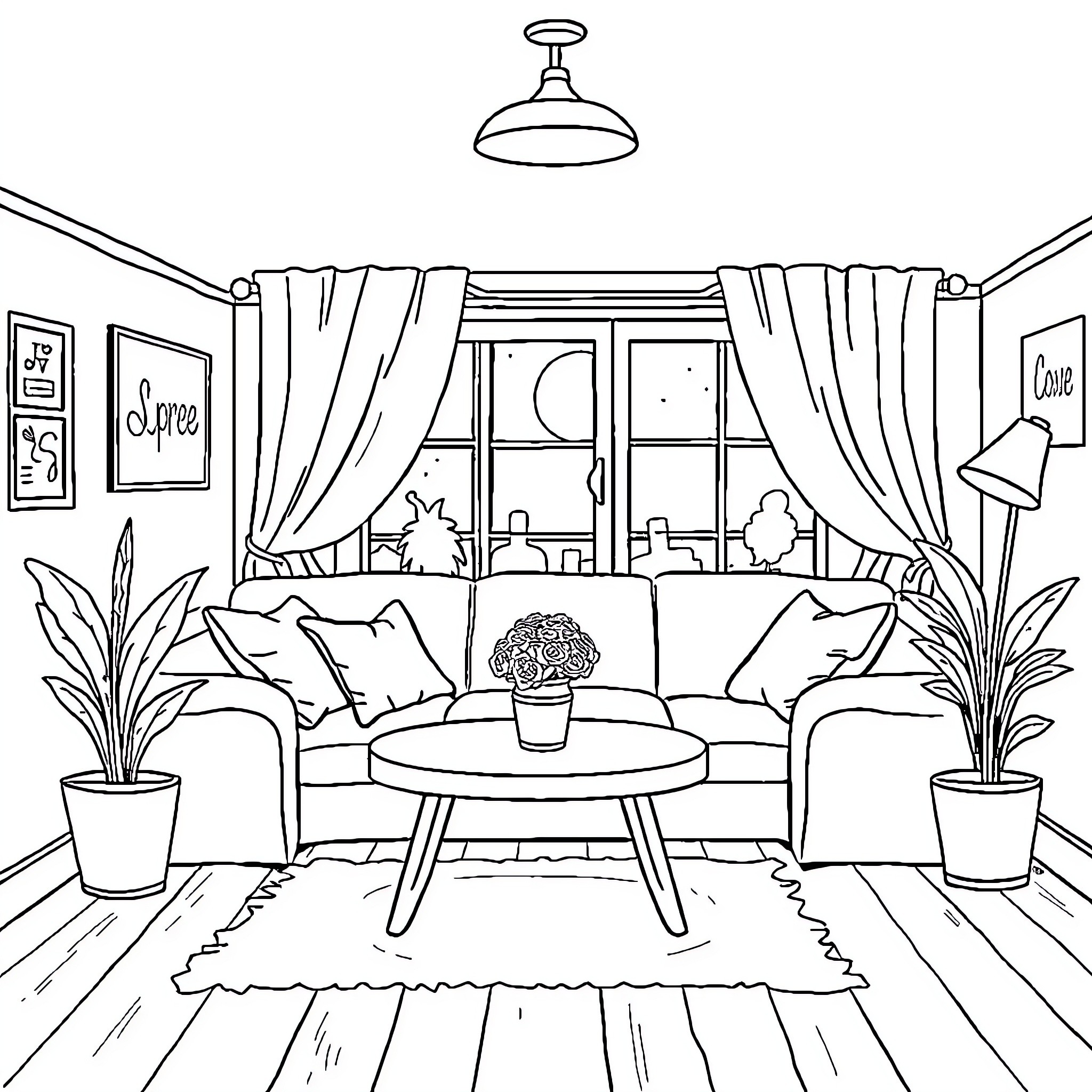 Bear resting comfortably in a cozy living room Coloring Page (free black-and-white line drawing printable PDF for all, from beginners to advanced learners, including children, teens, adults, and seniors)