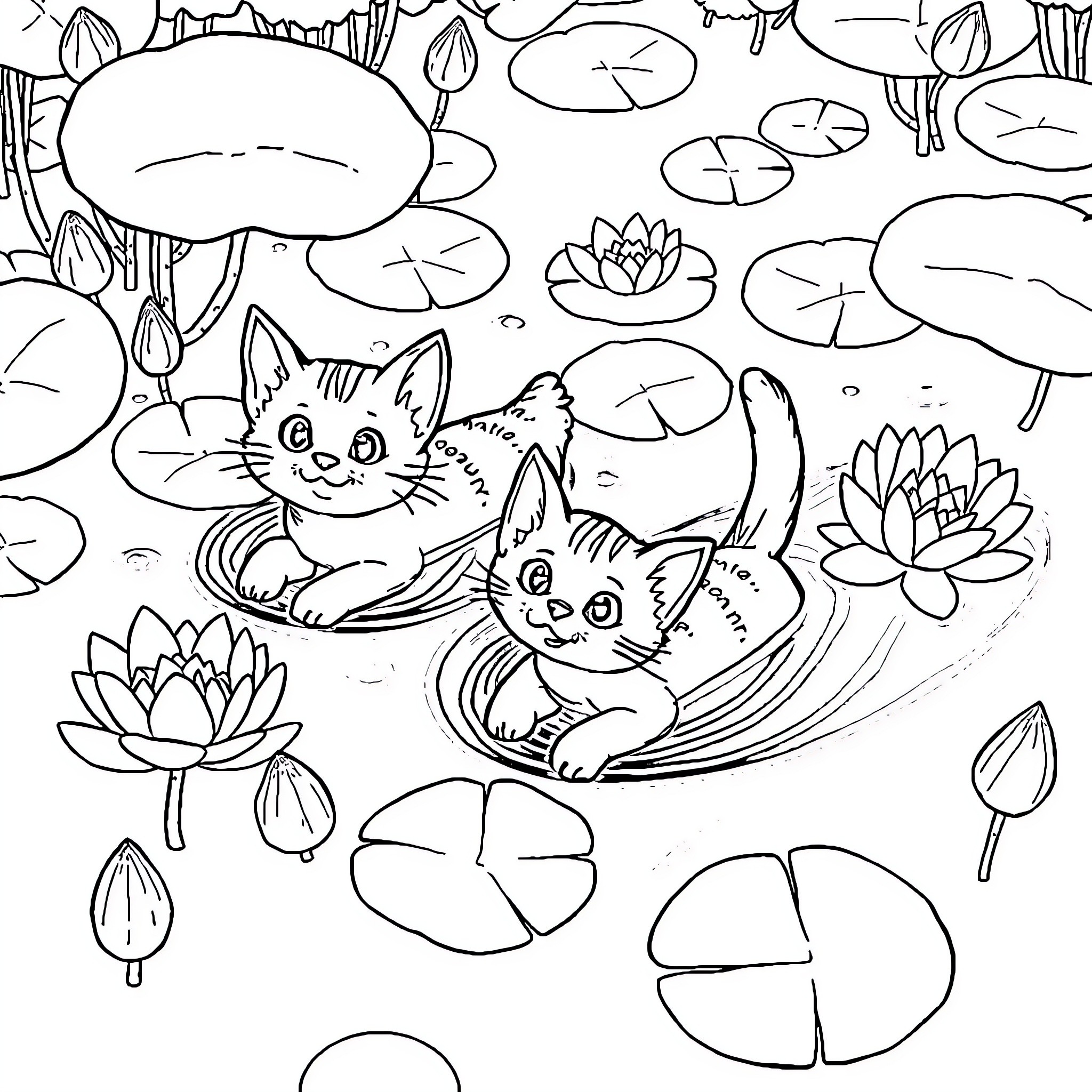 Cats playing among lily pads and flowers Coloring Page (free black-and-white line drawing printable PDF for all, from beginners to advanced learners, including children, teens, adults, and seniors)