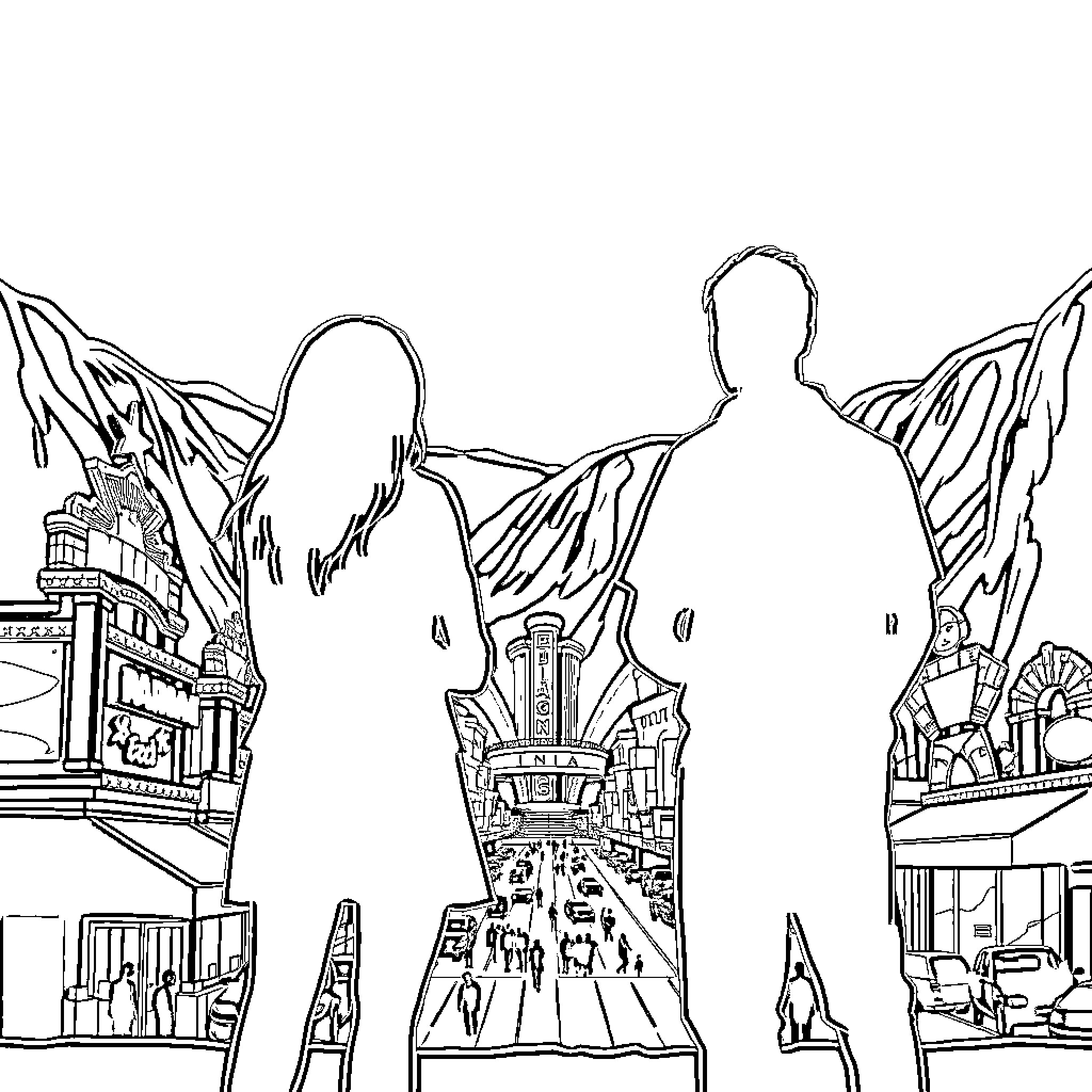 Girl and Guy Exploring a Bustling Urban Landscape Coloring Page (free black-and-white line drawing printable PDF for all, from beginners to advanced learners, including children, teens, adults, and seniors)