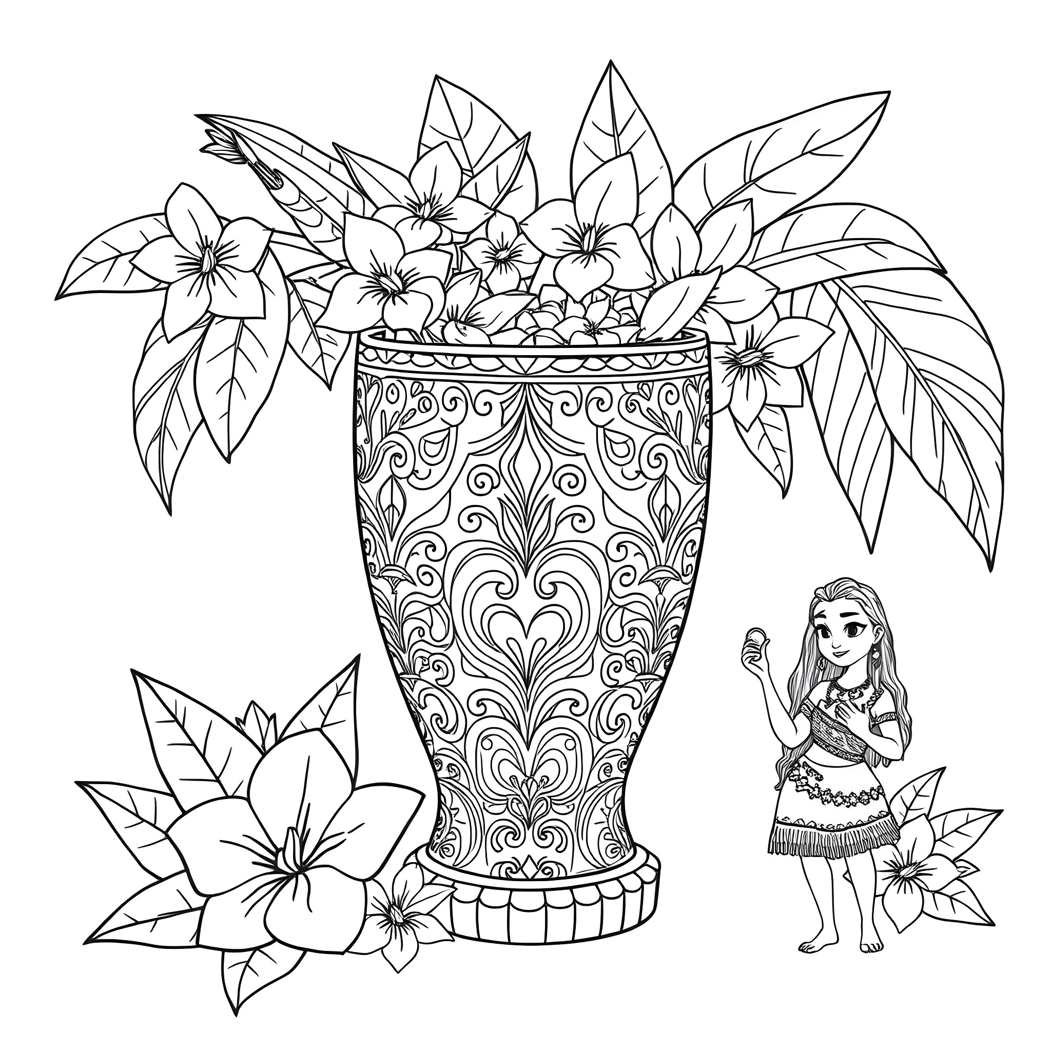 Coconut flower vase with young girl Coloring Page (free black-and-white line drawing printable PDF for all, from beginners to advanced learners, including children, teens, adults, and seniors)