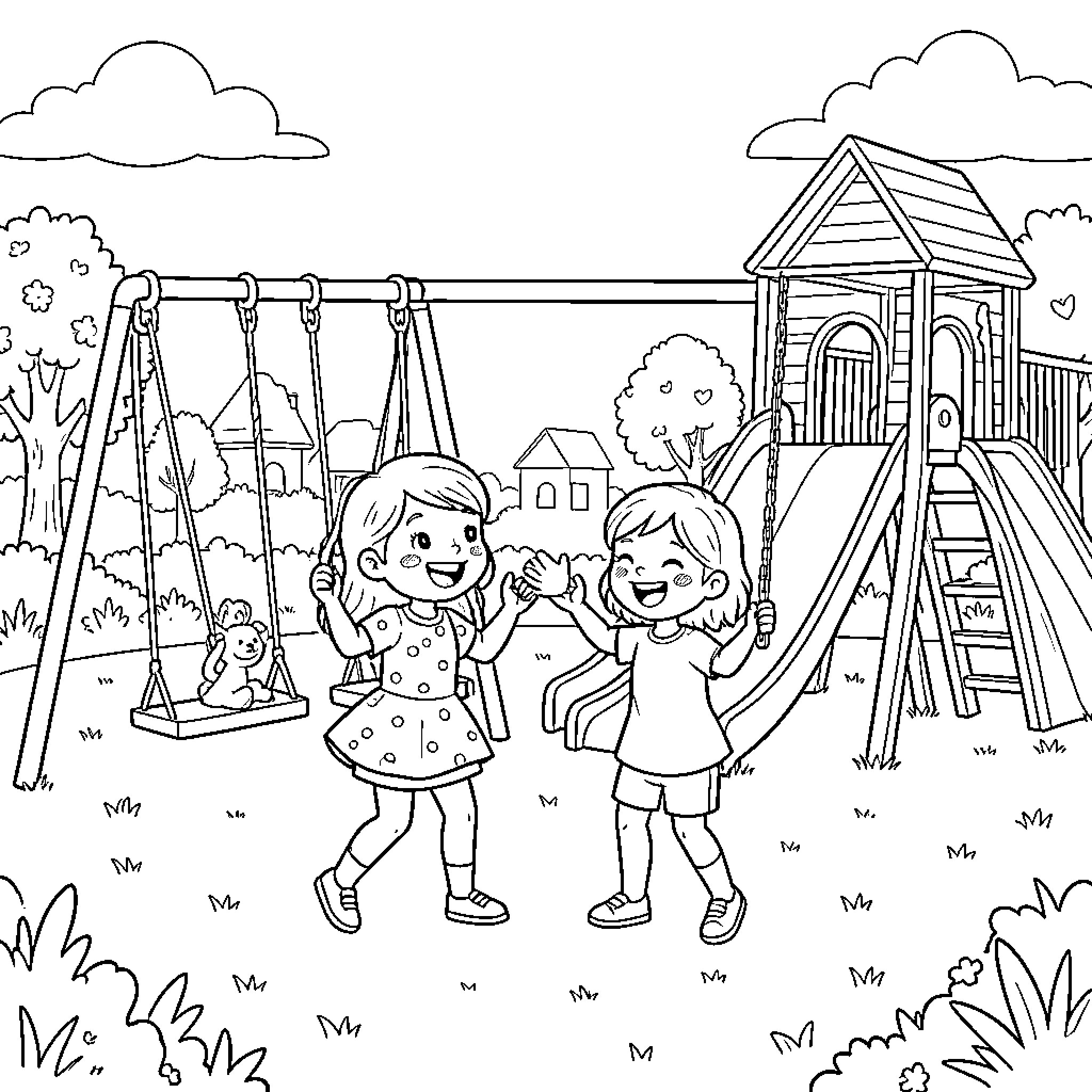Louise and her friend playing joyfully at the playground Coloring Page (free black-and-white line drawing printable PDF for all, from beginners to advanced learners, including children, teens, adults, and seniors)