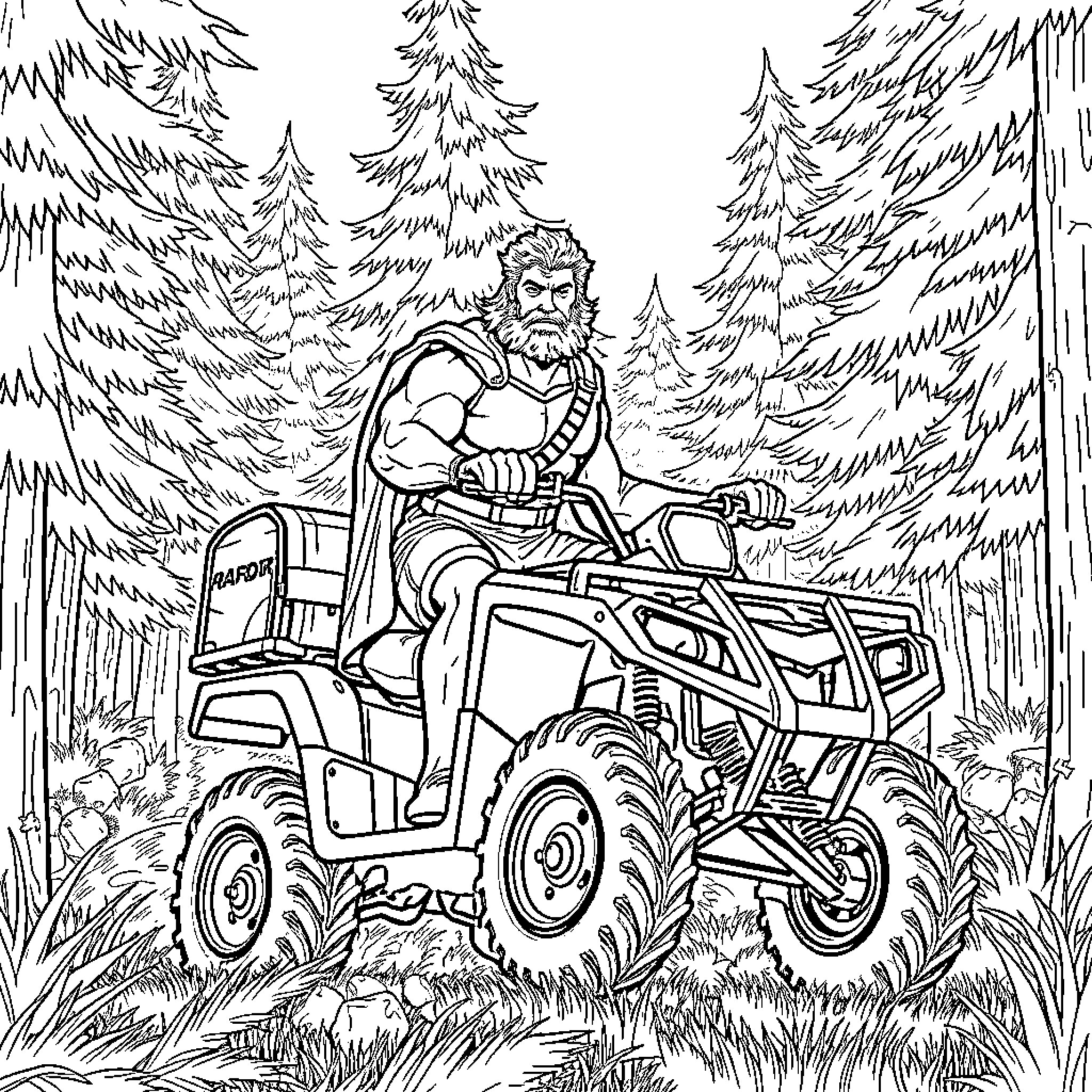 Hercules riding a powerful all-terrain vehicle through the forest Coloring Page (free black-and-white line drawing printable PDF for all, from beginners to advanced learners, including children, teens, adults, and seniors)