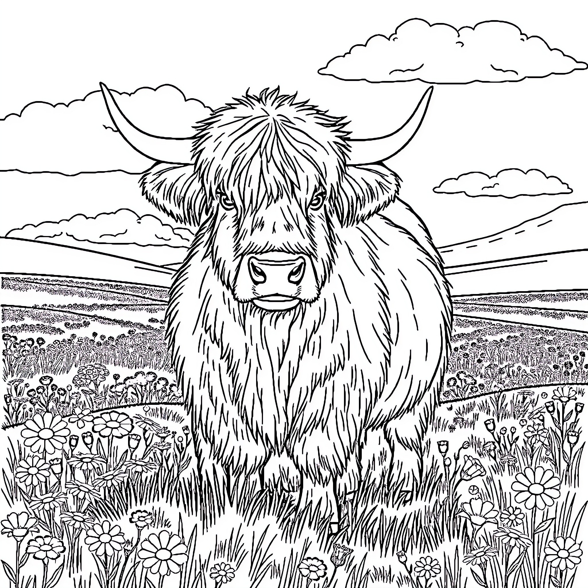 Highland Cow grazing peacefully in a scenic meadow Coloring Page (free black-and-white line drawing printable PDF for all, from beginners to advanced learners, including children, teens, adults, and seniors)