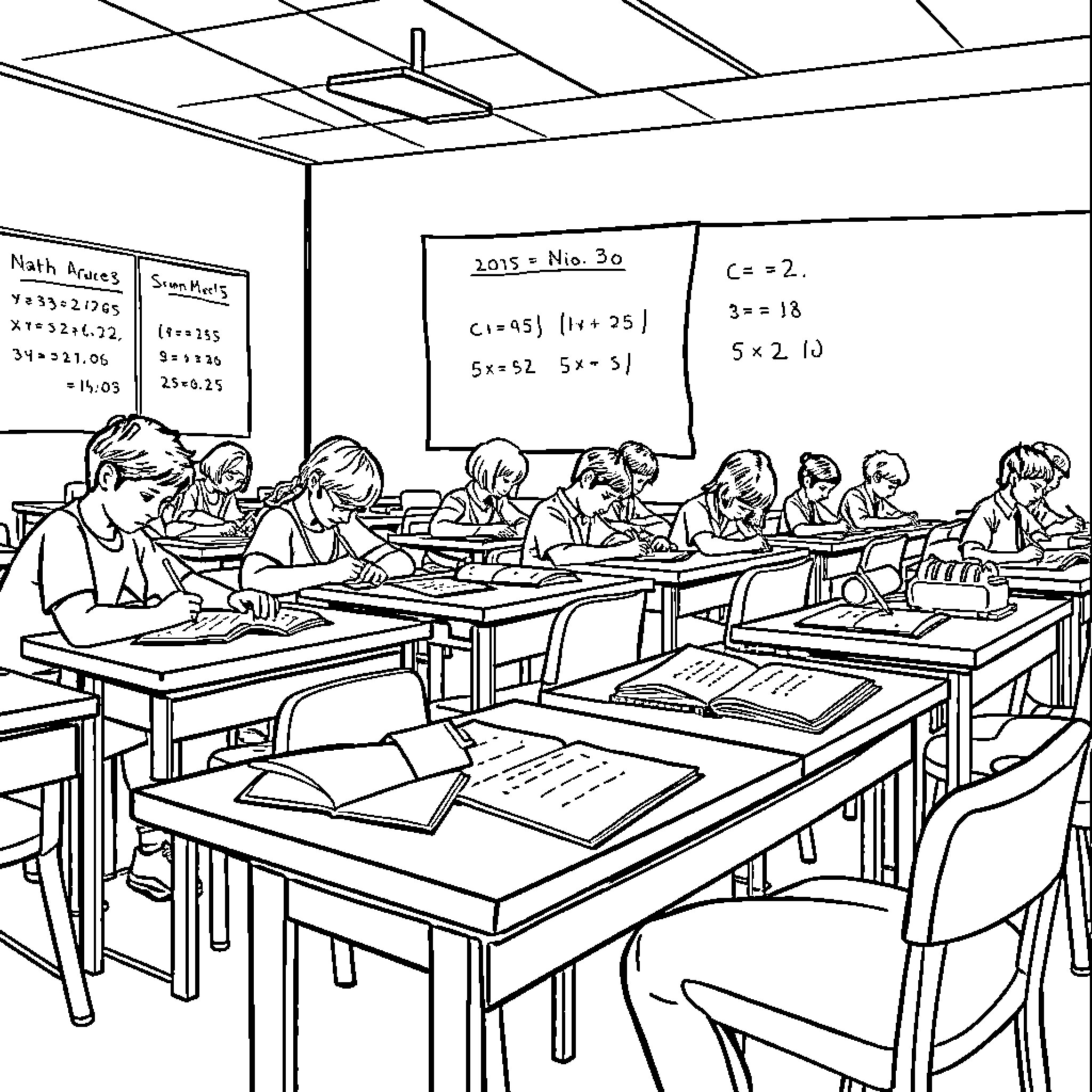 Students Studying Diligently in Classroom Coloring Page (free black-and-white line drawing printable PDF for all, from beginners to advanced learners, including children, teens, adults, and seniors)