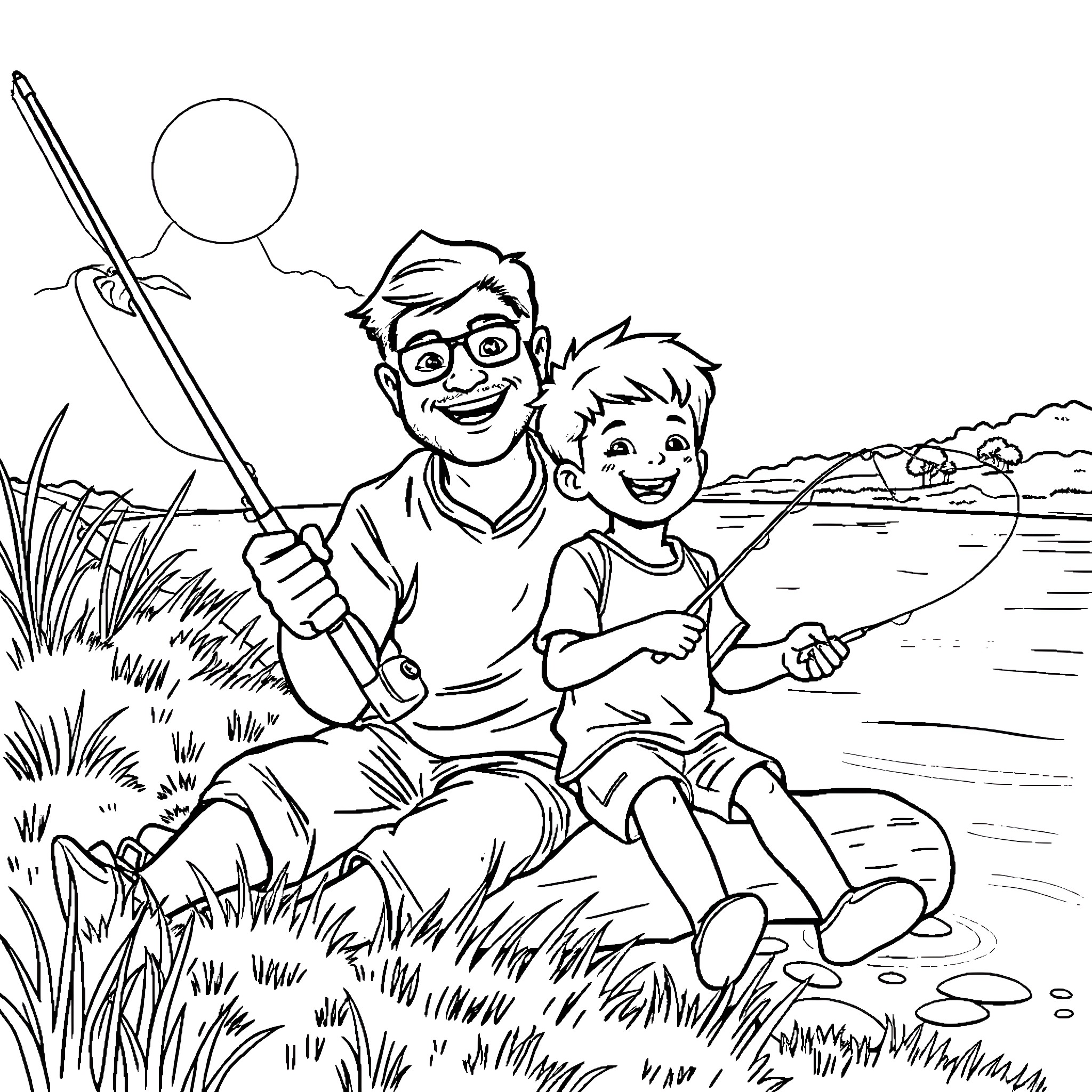 Dad and Son Fishing by the Lake Coloring Page (free black-and-white line drawing printable PDF for all, from beginners to advanced learners, including children, teens, adults, and seniors)