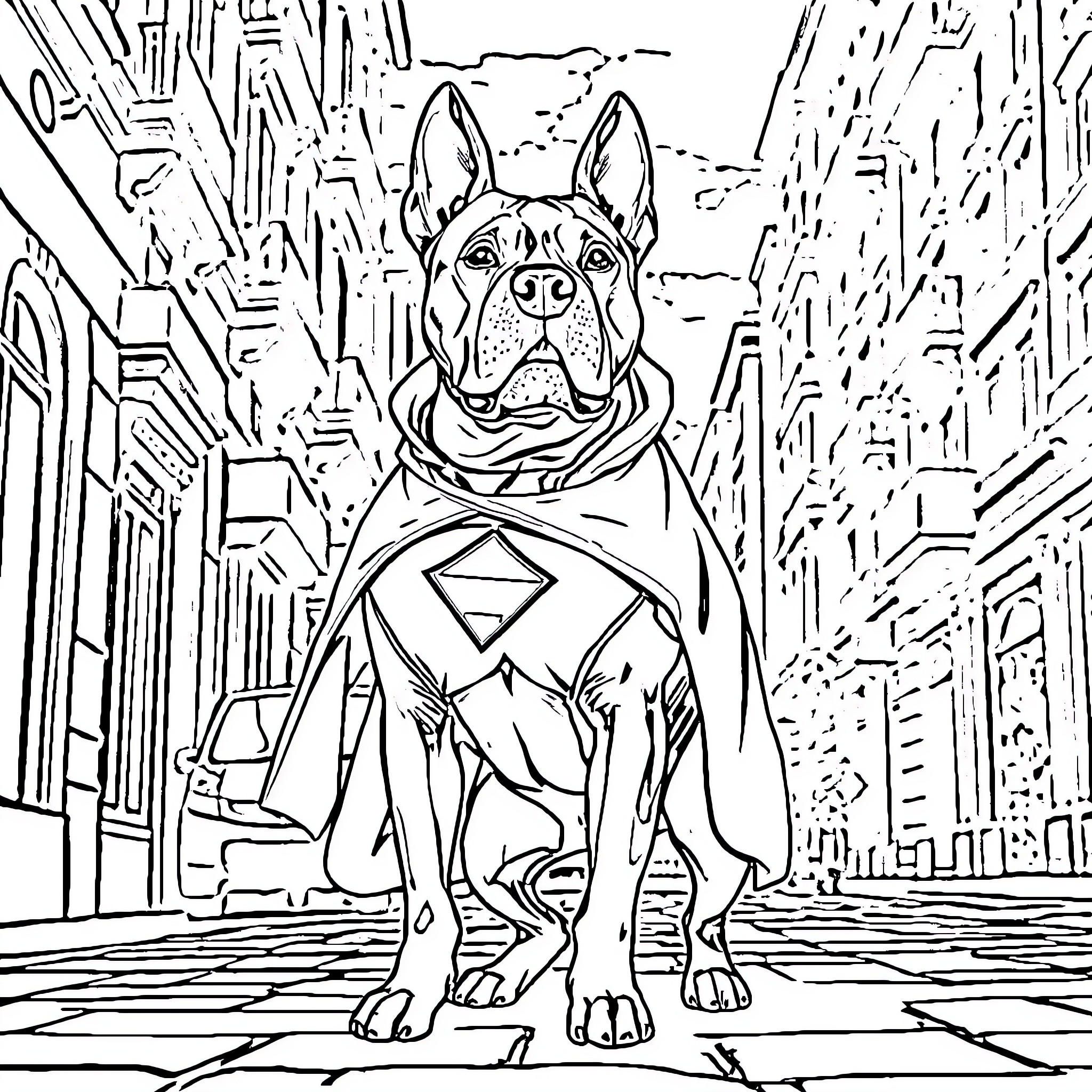 Pitbull Wearing Superhero Costume in the City Coloring Page (free black-and-white line drawing printable PDF for all, from beginners to advanced learners, including children, teens, adults, and seniors)