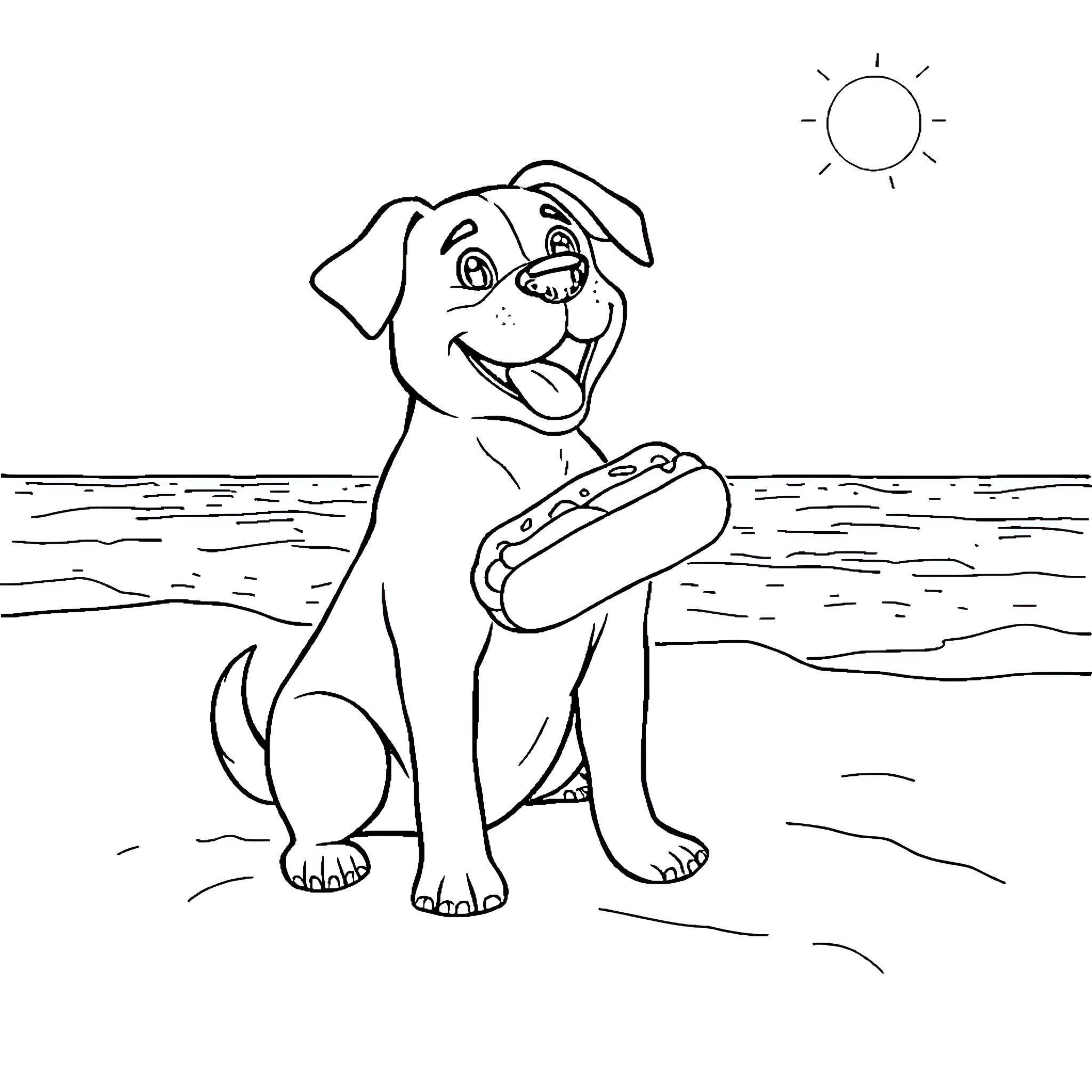 Dog enjoying the sunny beach Coloring Page (free black-and-white line drawing printable PDF for all, from beginners to advanced learners, including children, teens, adults, and seniors)