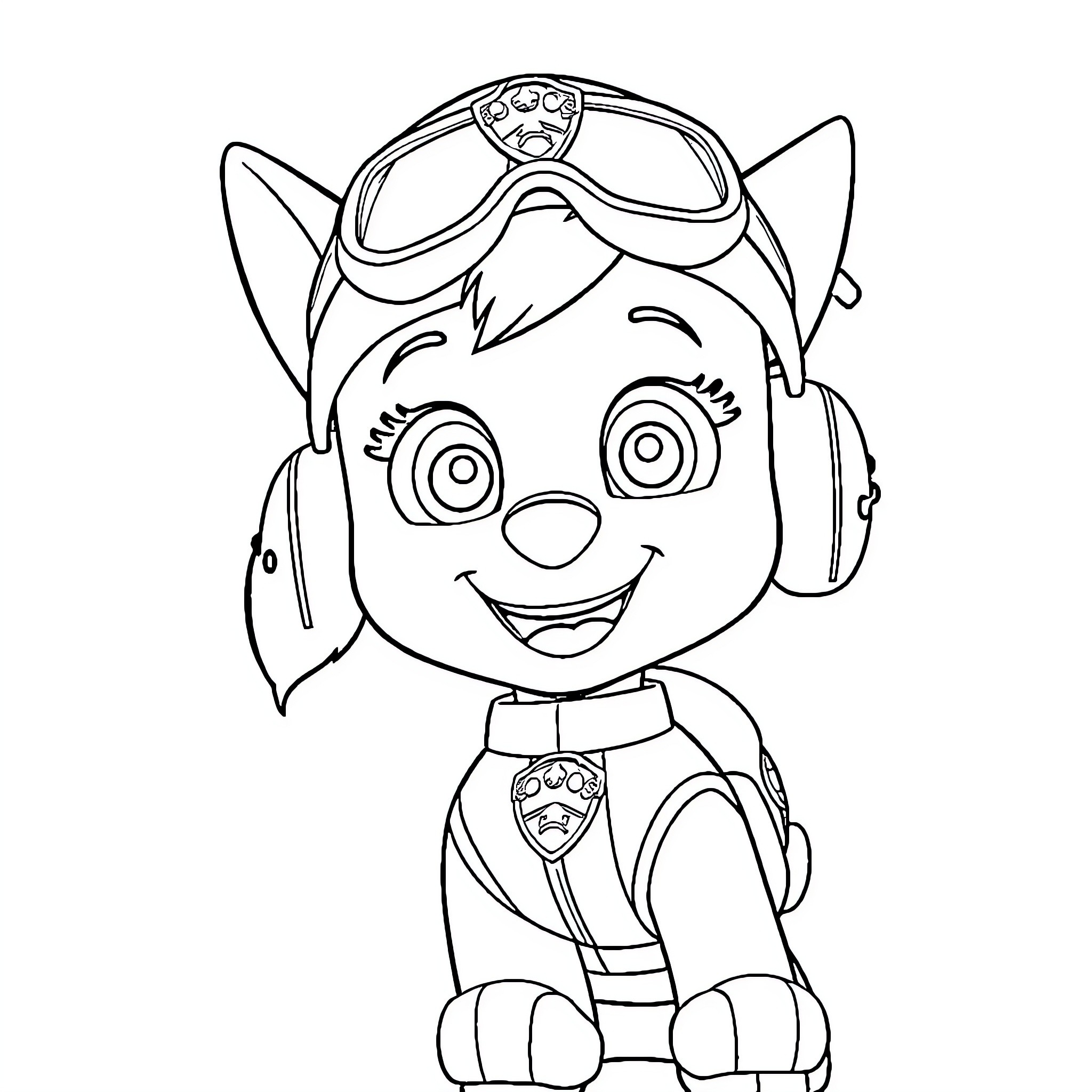Paw Patrol Character in Smiling Expression with Uniform Coloring Page (free black-and-white line drawing printable PDF for all, from beginners to advanced learners, including children, teens, adults, and seniors)