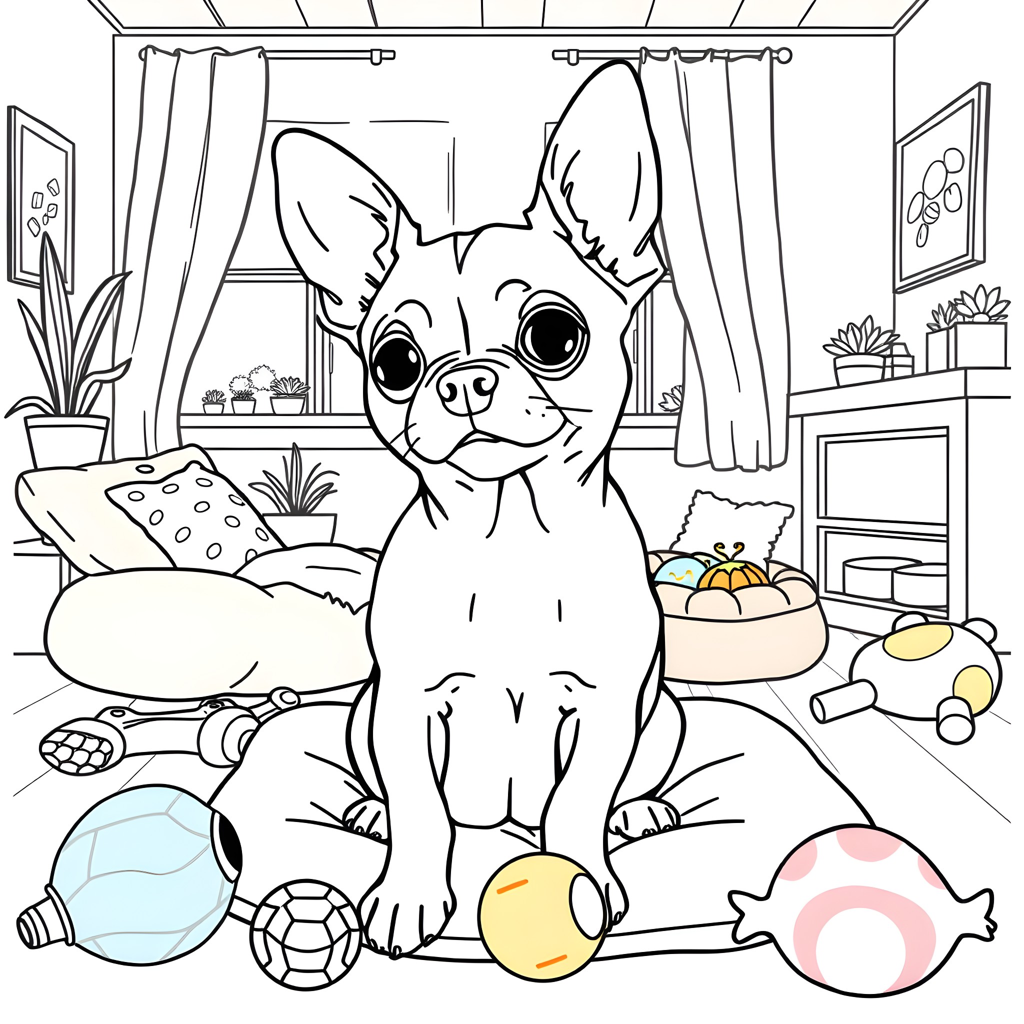 Chihuahua playing with toys in the bedroom Coloring Page (free black-and-white line drawing printable PDF for all, from beginners to advanced learners, including children, teens, adults, and seniors)