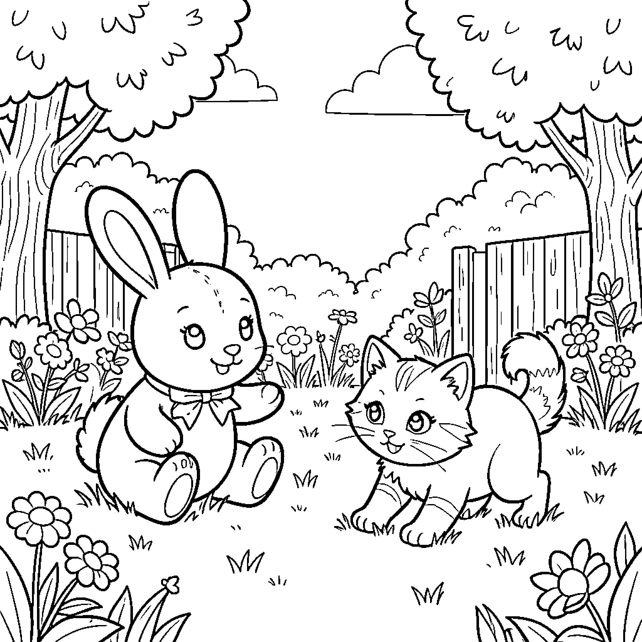 Doudou watching a kitten play in a garden Coloring Page (free black-and-white line drawing printable PDF for all, from beginners to advanced learners, including children, teens, adults, and seniors)