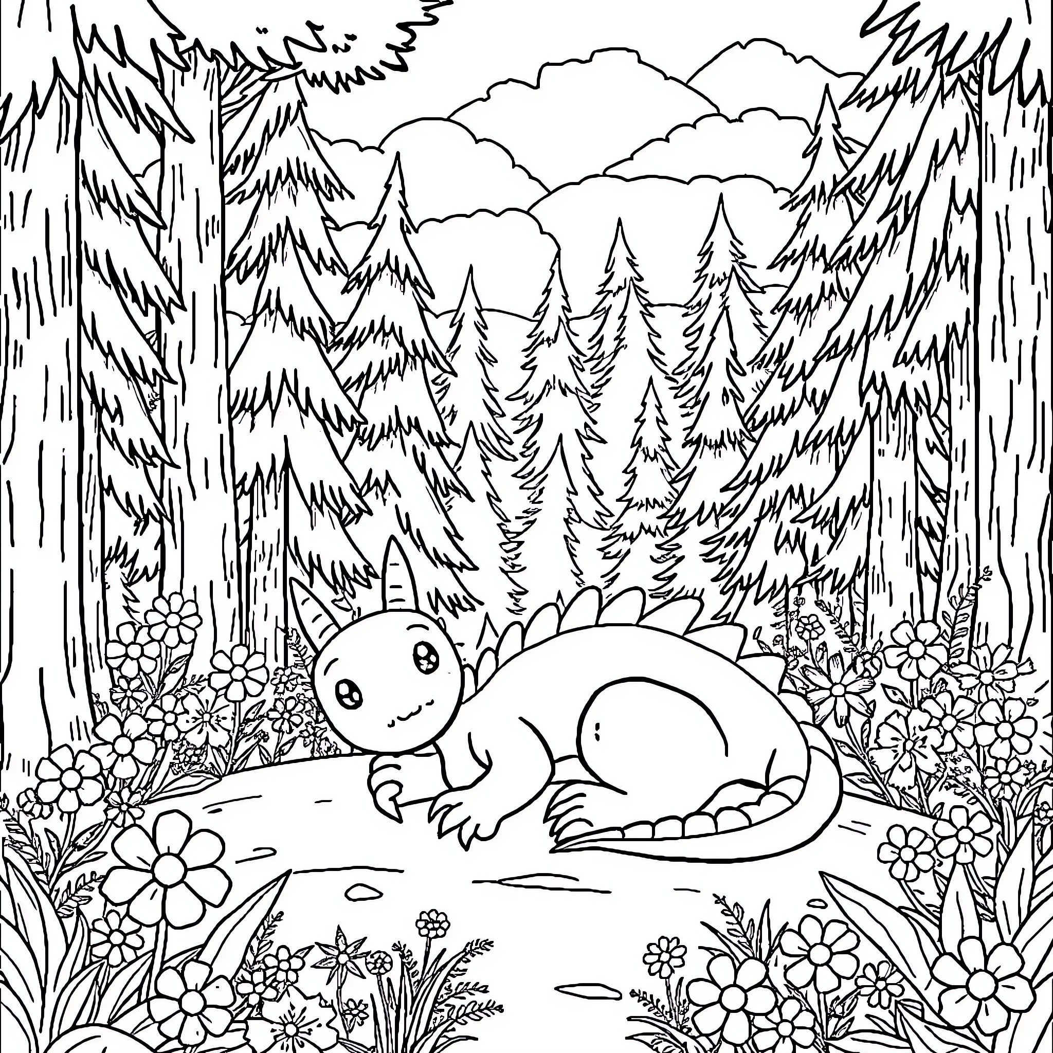 Dragon exploring the enchanted forest Coloring Page (free black-and-white line drawing printable PDF for all, from beginners to advanced learners, including children, teens, adults, and seniors)