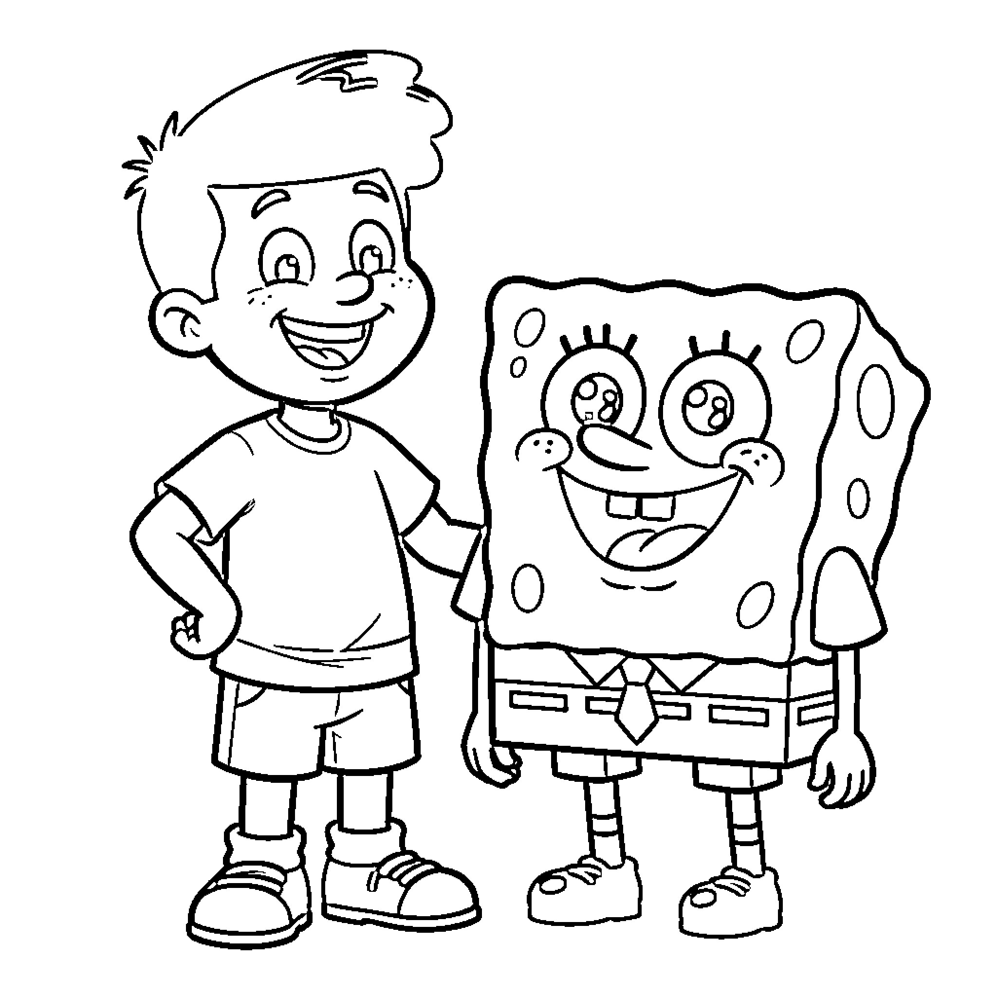 Doug and SpongeBob enjoy a playful moment Coloring Page (free black-and-white line drawing printable PDF for all, from beginners to advanced learners, including children, teens, adults, and seniors)