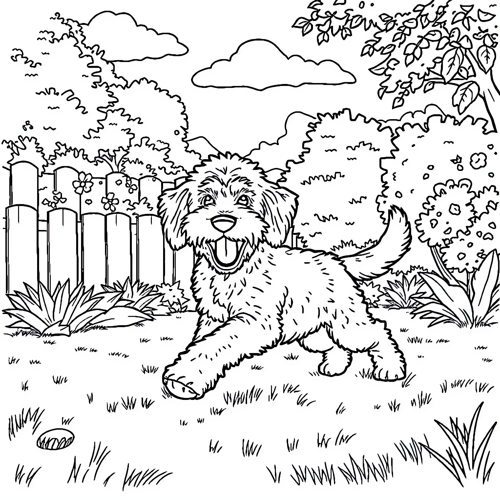 Goldendoodle exploring a lush outdoor scene Coloring Page (free black-and-white line drawing printable PDF for all, from beginners to advanced learners, including children, teens, adults, and seniors)