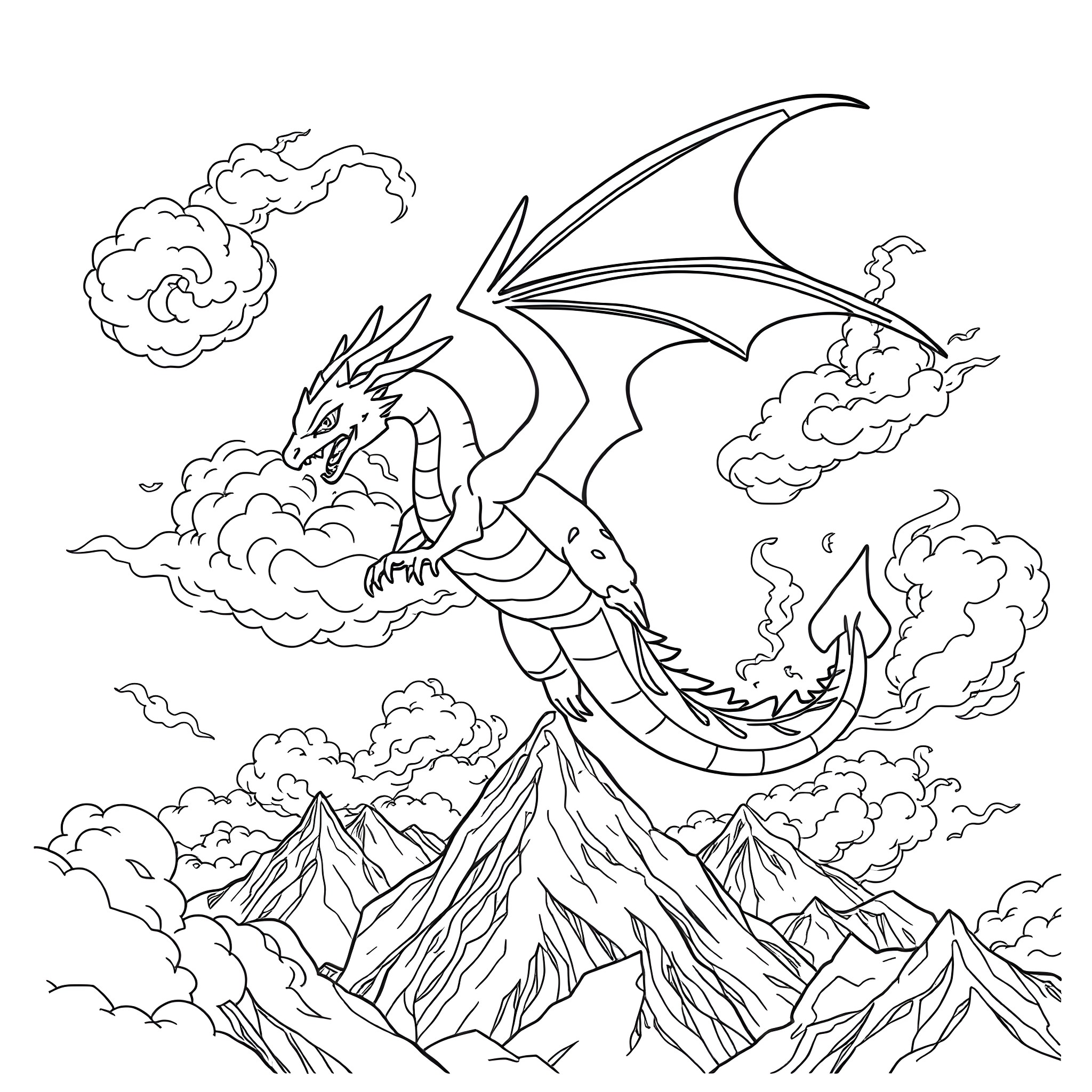 Dragon soaring above majestic mountains in the clouds Coloring Page (free black-and-white line drawing printable PDF for all, from beginners to advanced learners, including children, teens, adults, and seniors)