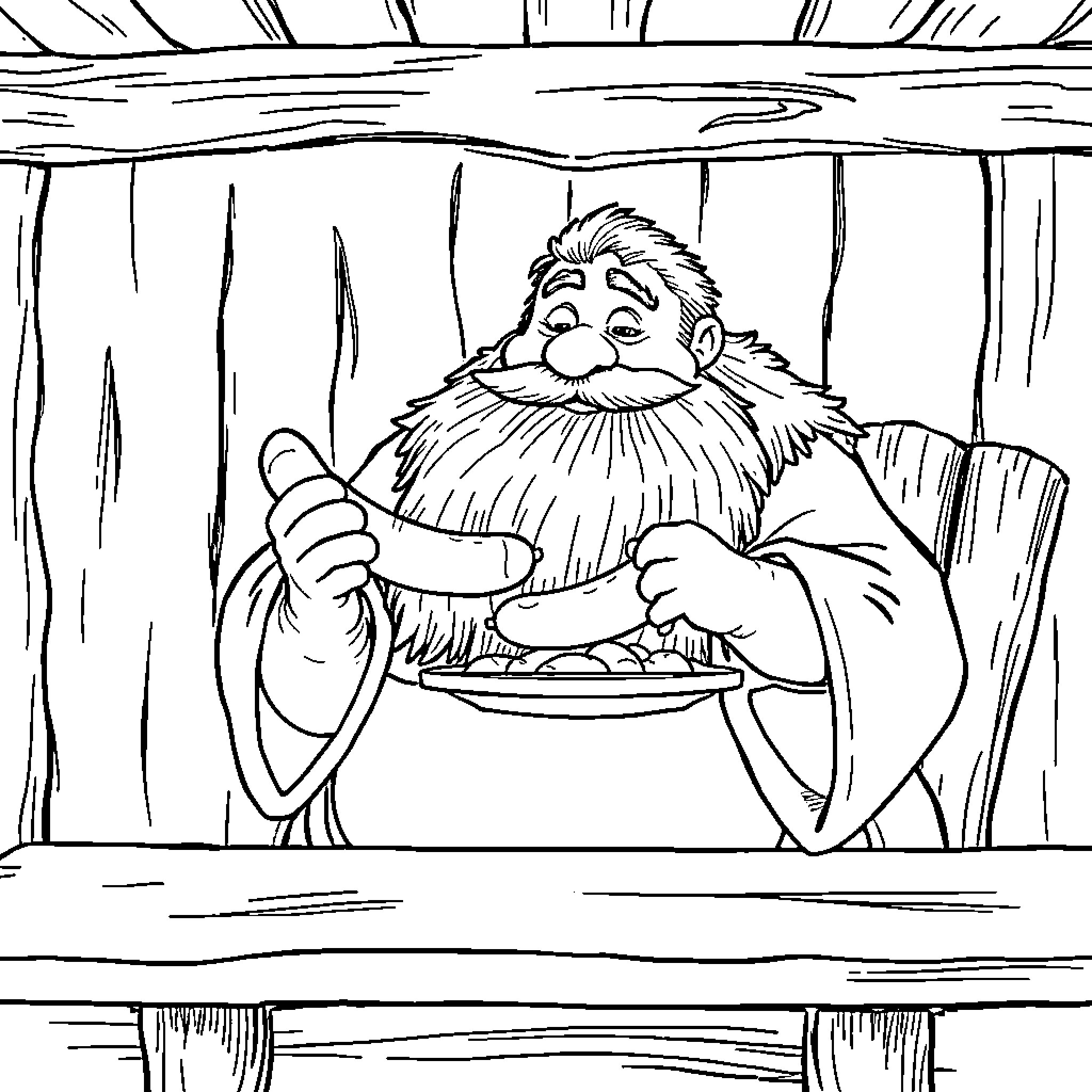 Hagrid enjoys a hearty meal in his cabin Coloring Page (free black-and-white line drawing printable PDF for all, from beginners to advanced learners, including children, teens, adults, and seniors)