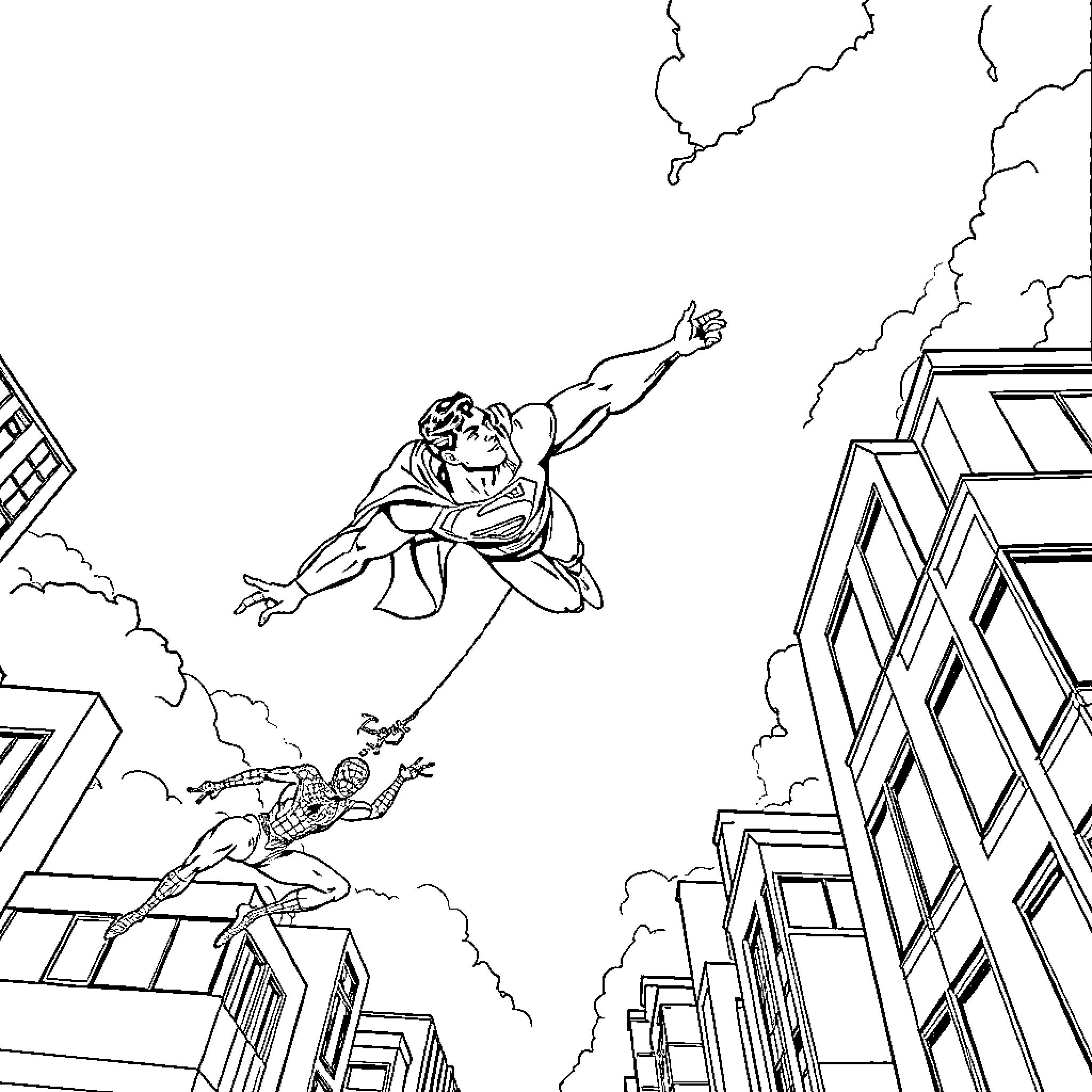 Superman soaring through the city skyline Coloring Page (free black-and-white line drawing printable PDF for all, from beginners to advanced learners, including children, teens, adults, and seniors)