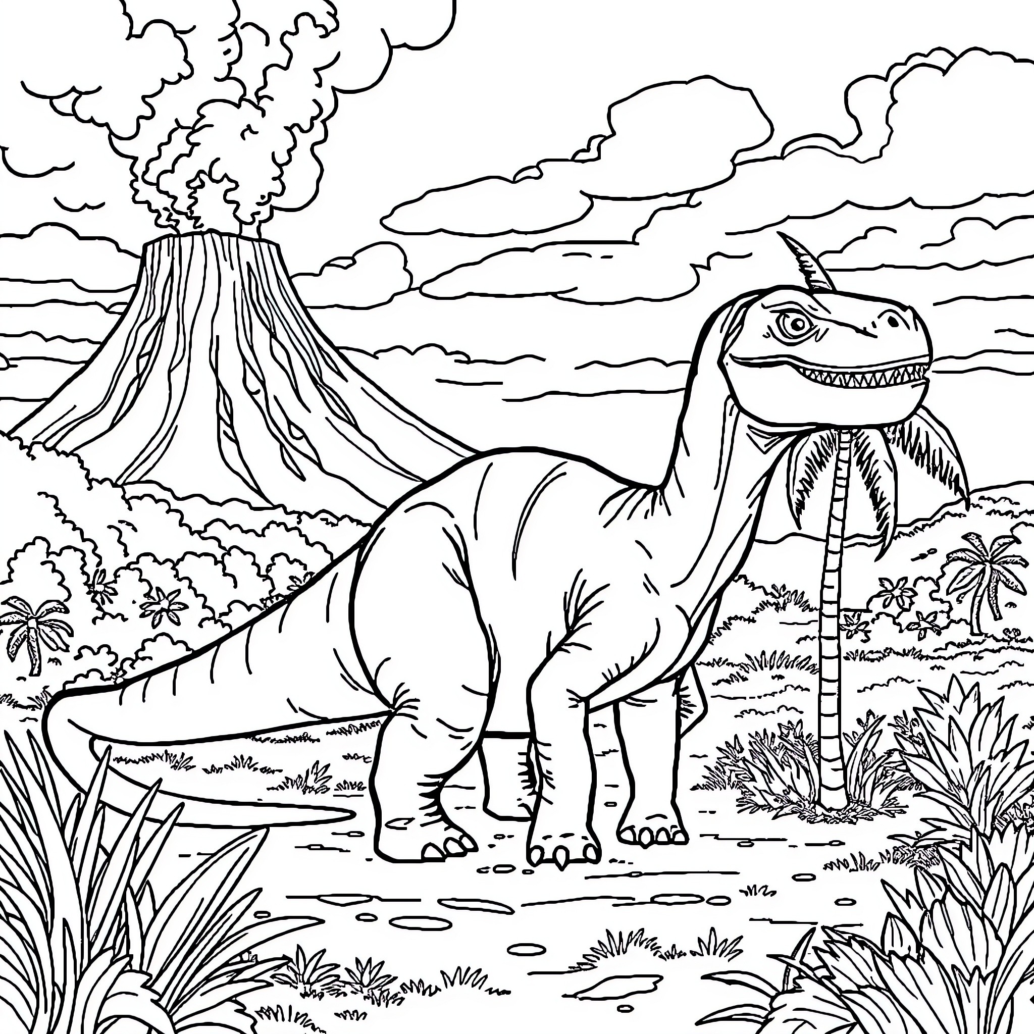 Dino stomping through the prehistoric landscape Coloring Page (free black-and-white line drawing printable PDF for all, from beginners to advanced learners, including children, teens, adults, and seniors)