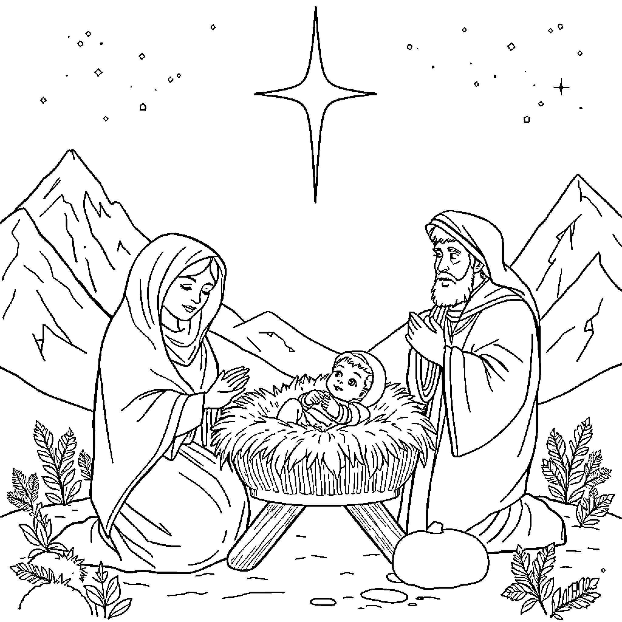 Pesebre scene of holy family in nativity Coloring Page (free black-and-white line drawing printable PDF for all, from beginners to advanced learners, including children, teens, adults, and seniors)