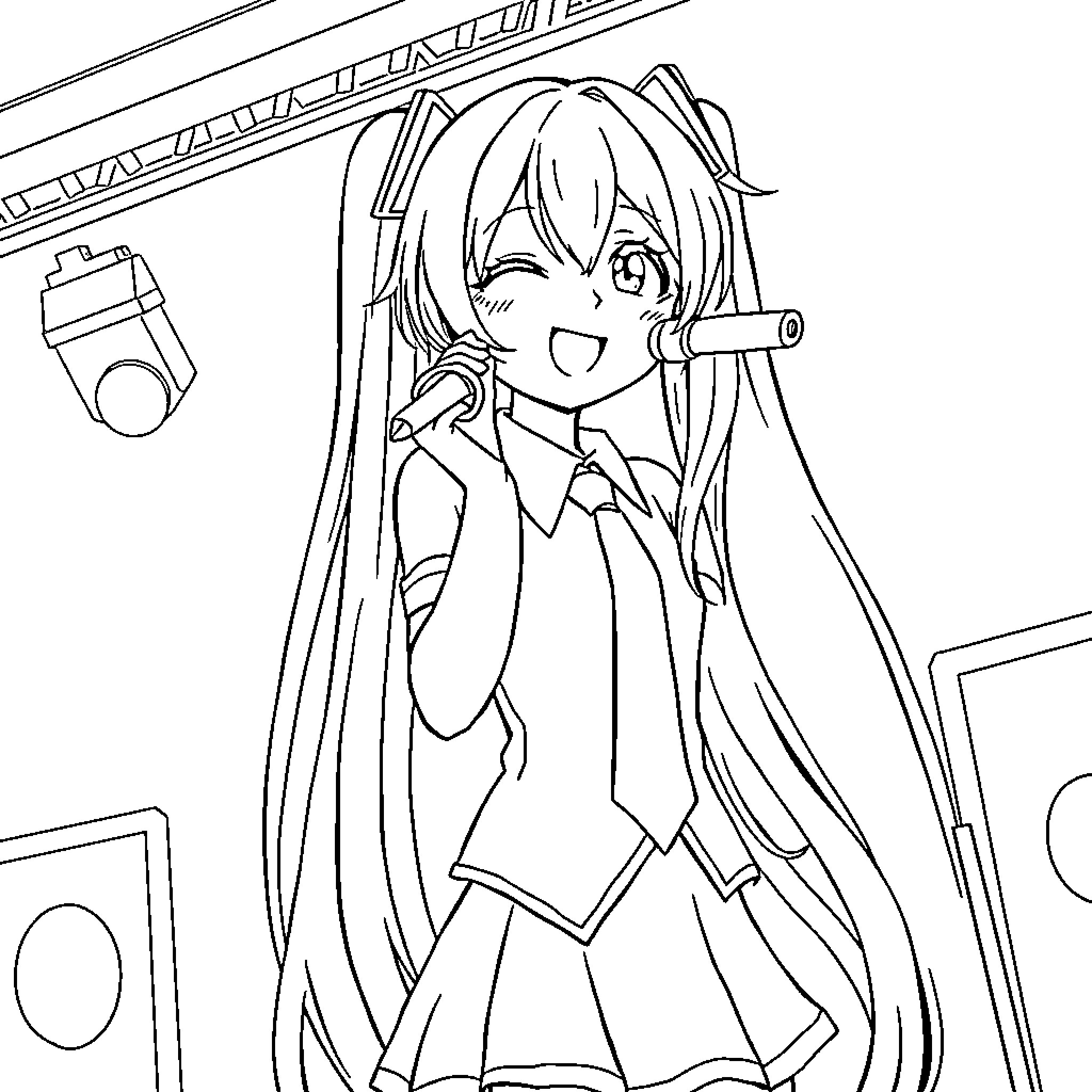 Hatsune Miku joyful expression with microphone Coloring Page (free black-and-white line drawing printable PDF for all, from beginners to advanced learners, including children, teens, adults, and seniors)
