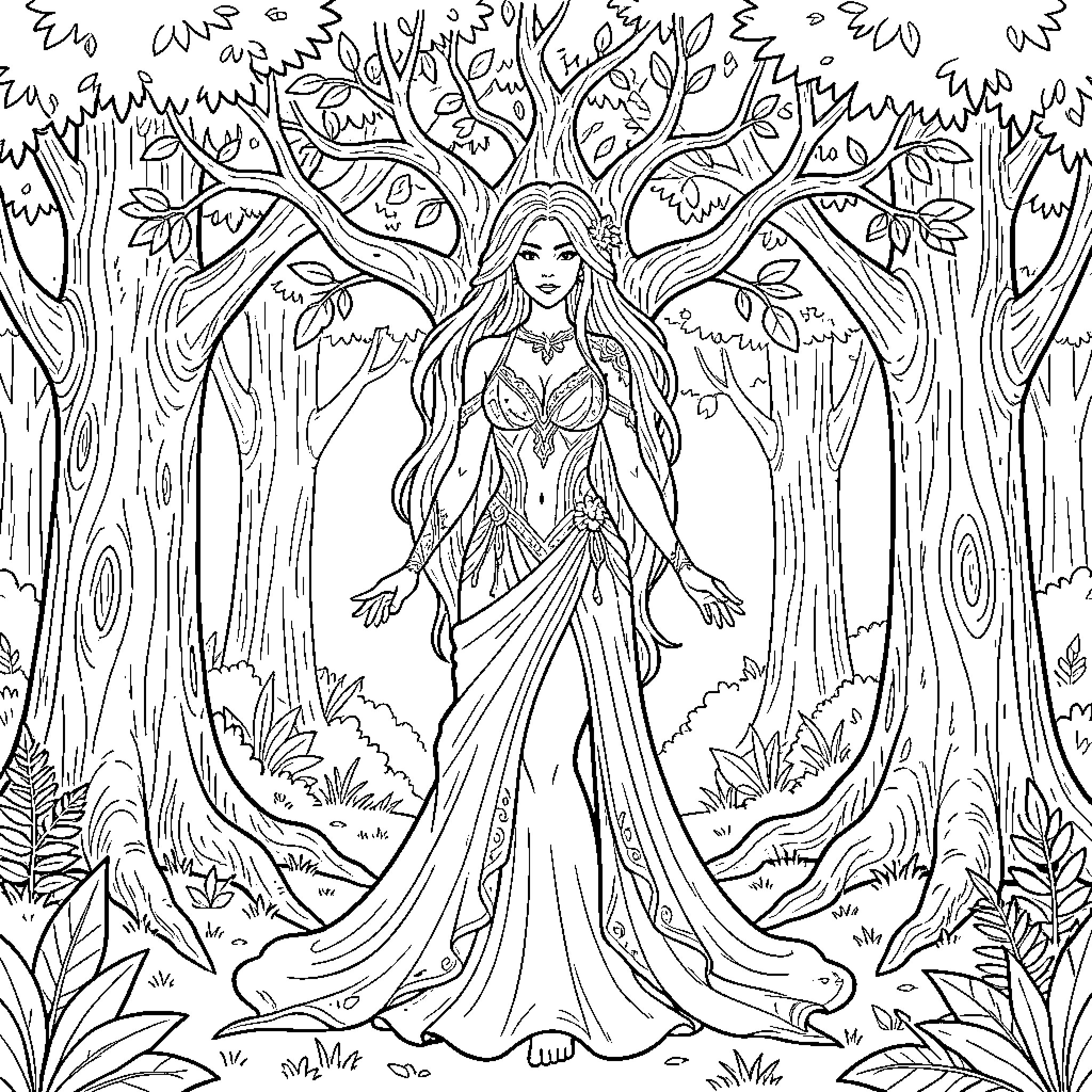 Tree Woman standing gracefully amidst a lush forest Coloring Page (free black-and-white line drawing printable PDF for all, from beginners to advanced learners, including children, teens, adults, and seniors)