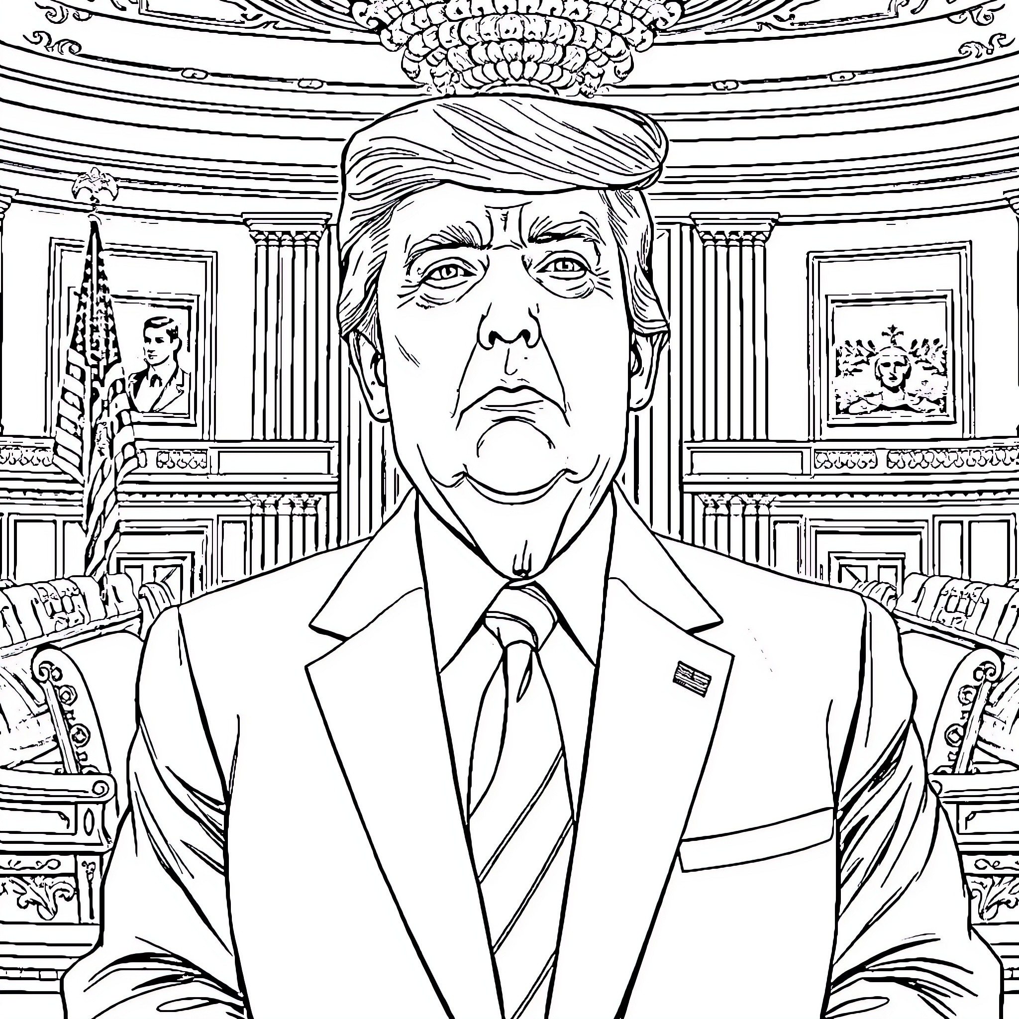 Trump Seated in the Oval Office Coloring Page (free black-and-white line drawing printable PDF for all, from beginners to advanced learners, including children, teens, adults, and seniors)