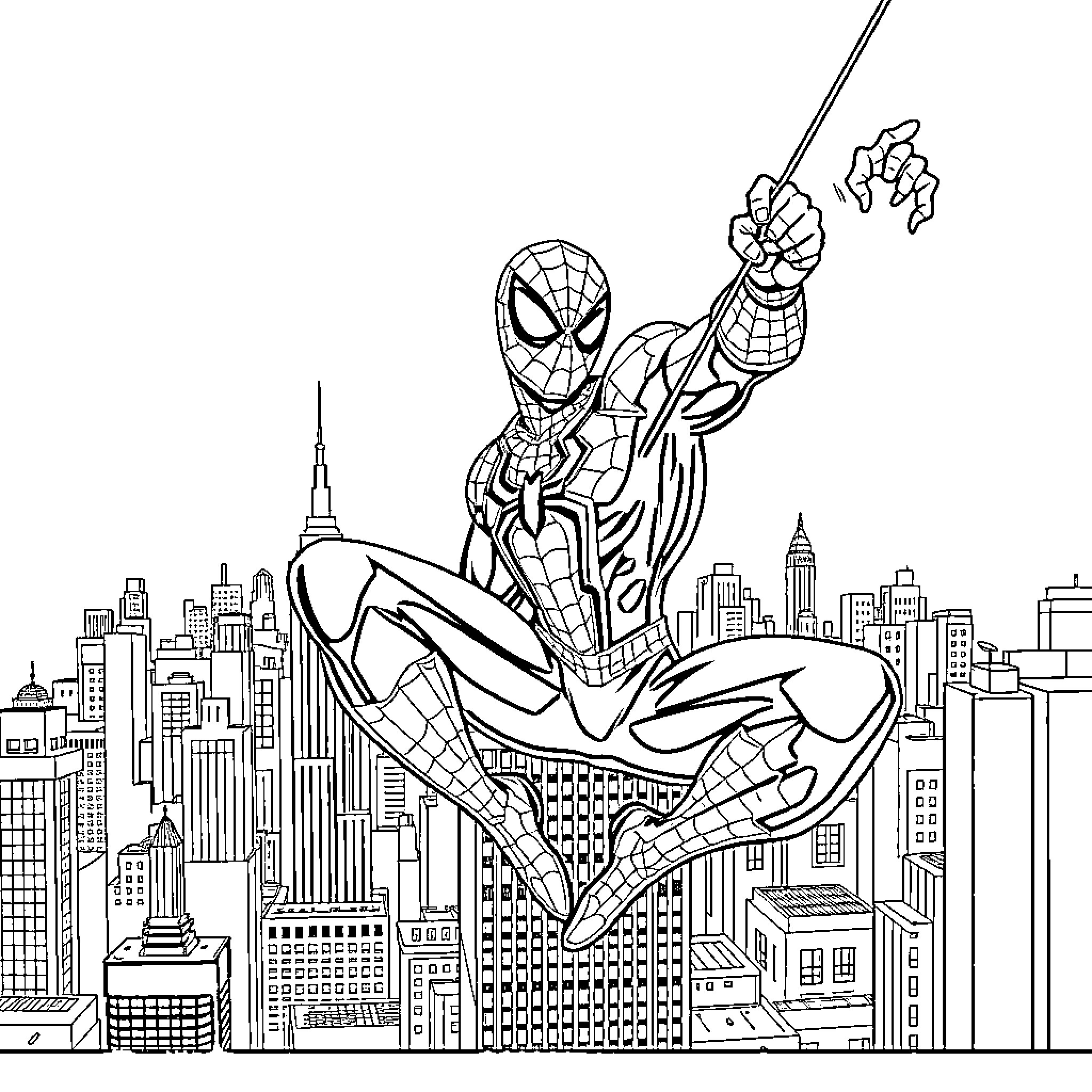 Spider-Man swinging over the city skyline Coloring Page (free black-and-white line drawing printable PDF for all, from beginners to advanced learners, including children, teens, adults, and seniors)