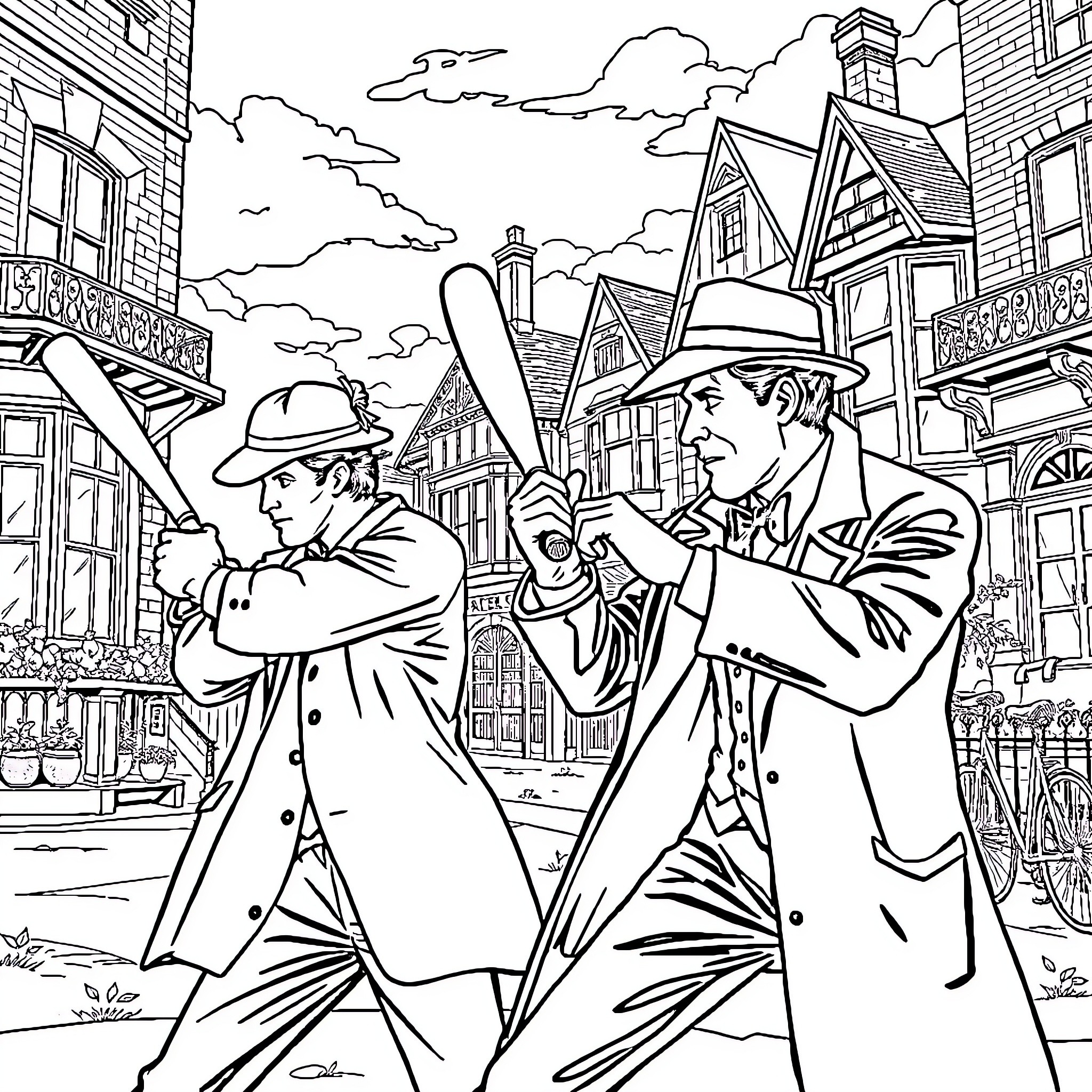 Sherlock Holmes and Watson Investigating a Mystery Coloring Page (free black-and-white line drawing printable PDF for all, from beginners to advanced learners, including children, teens, adults, and seniors)