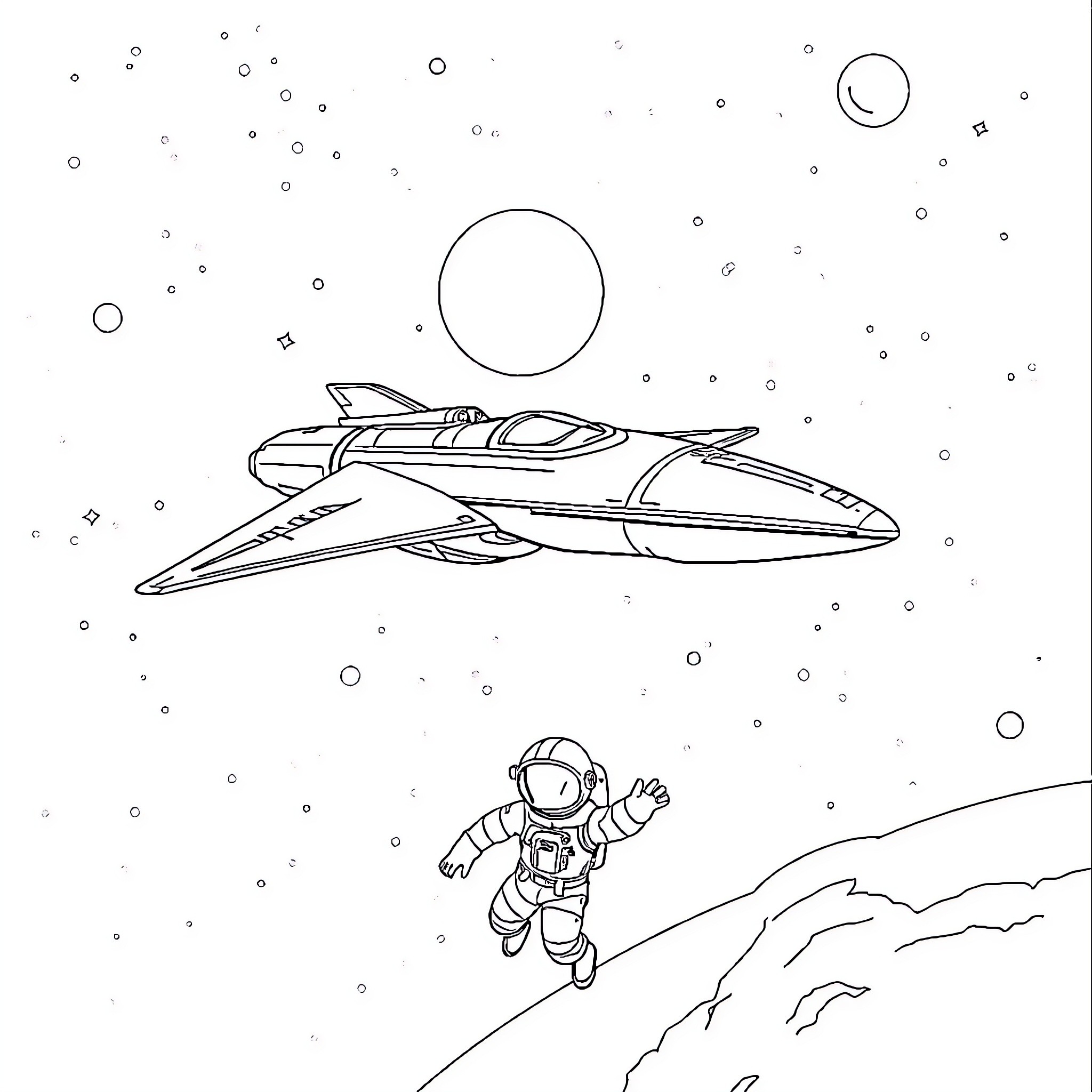 Starship soaring through the cosmos with astronaut drifting Coloring Page (free black-and-white line drawing printable PDF for all, from beginners to advanced learners, including children, teens, adults, and seniors)