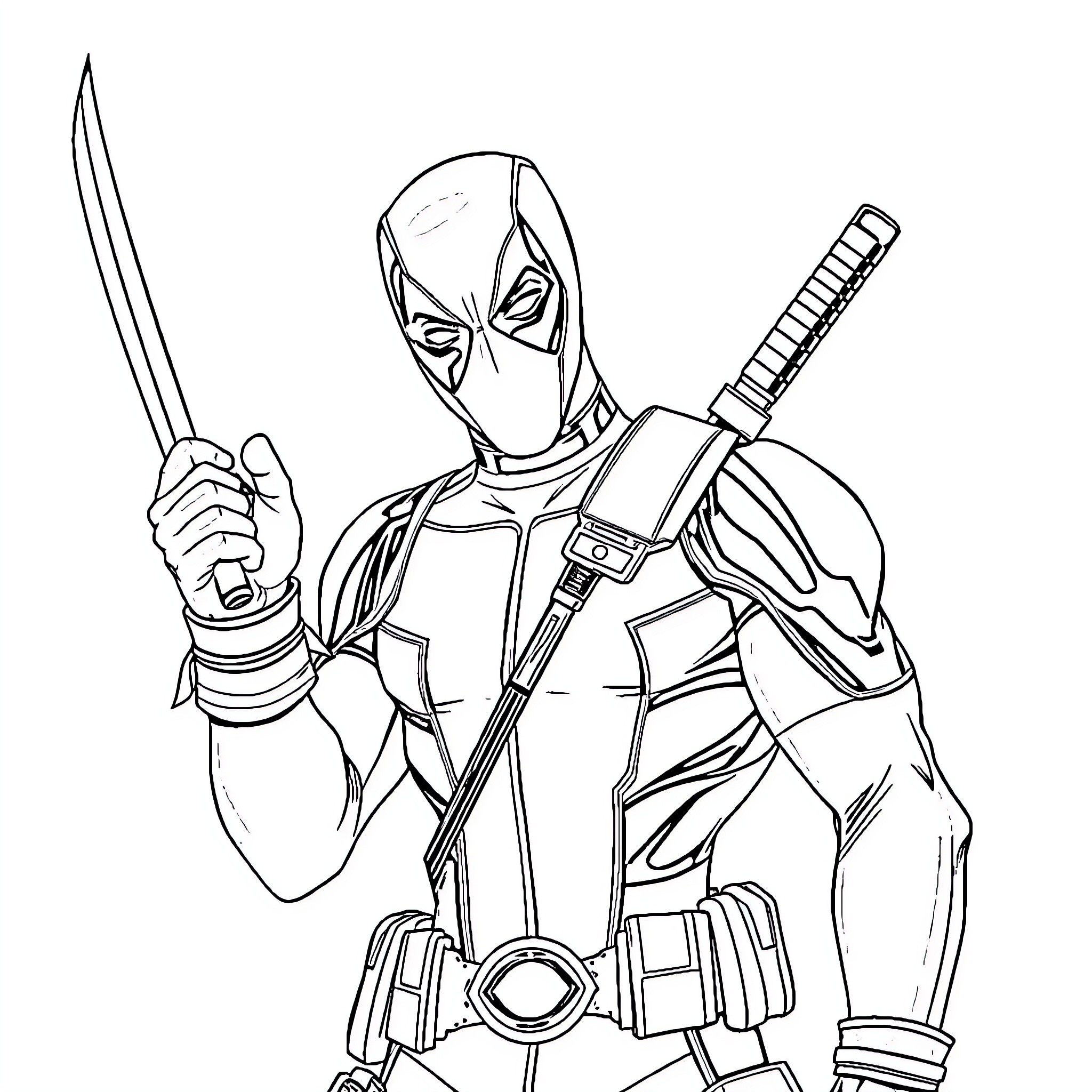Deadpool Wielding Swords and Blades in Action Pose Coloring Page (free black-and-white line drawing printable PDF for all, from beginners to advanced learners, including children, teens, adults, and seniors)