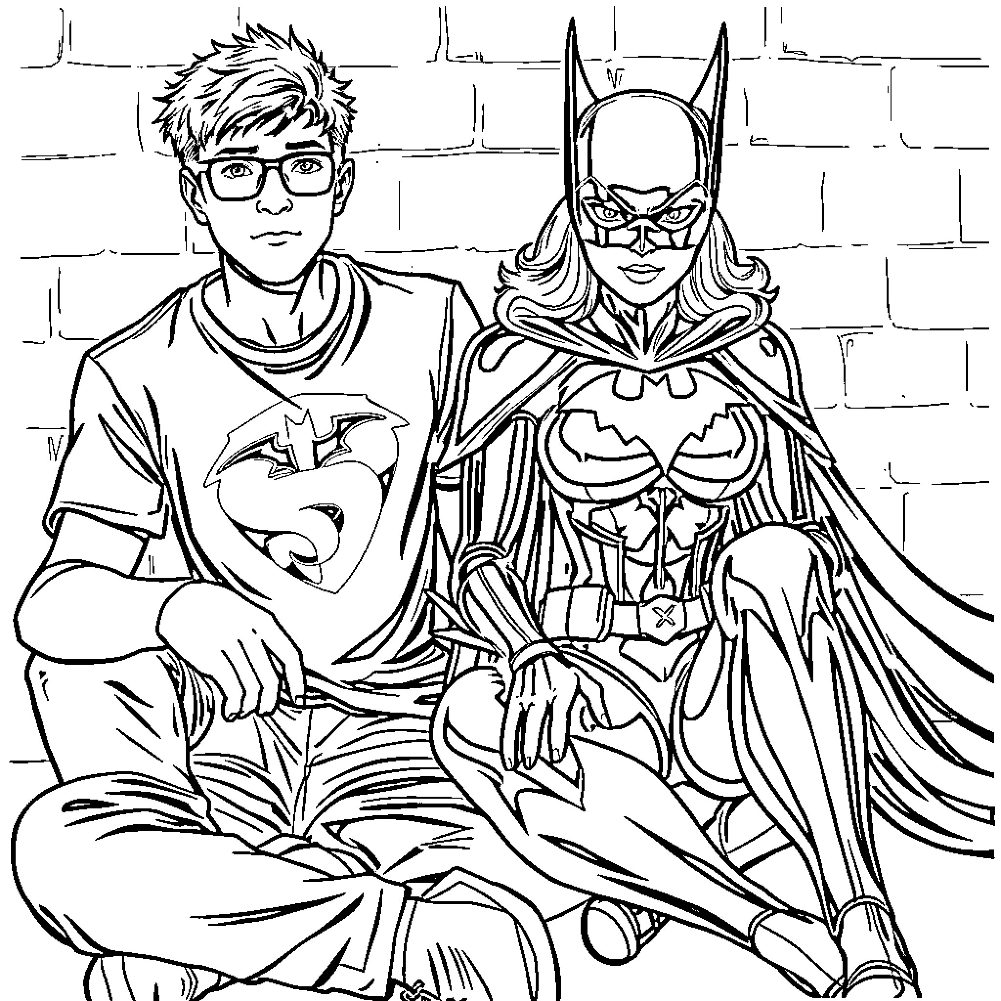 Batwoman and her young companion in action Coloring Page (free black-and-white line drawing printable PDF for all, from beginners to advanced learners, including children, teens, adults, and seniors)