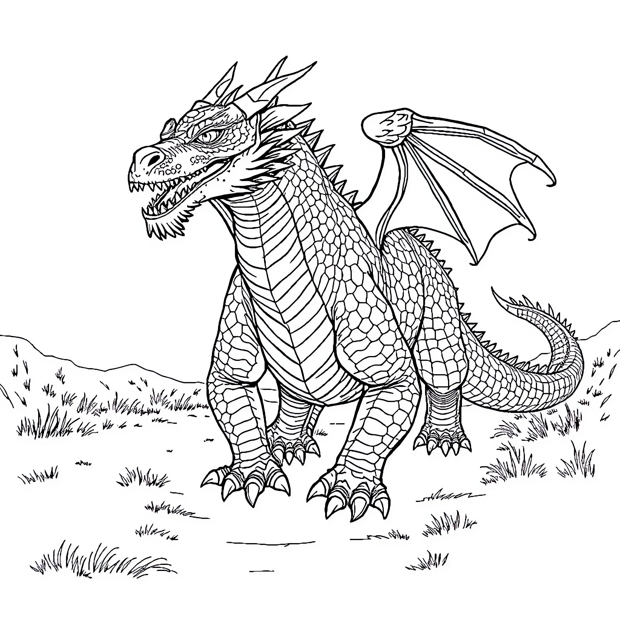 Dragon Soaring Through Mystical Landscape Coloring Page (free black-and-white line drawing printable PDF for all, from beginners to advanced learners, including children, teens, adults, and seniors)