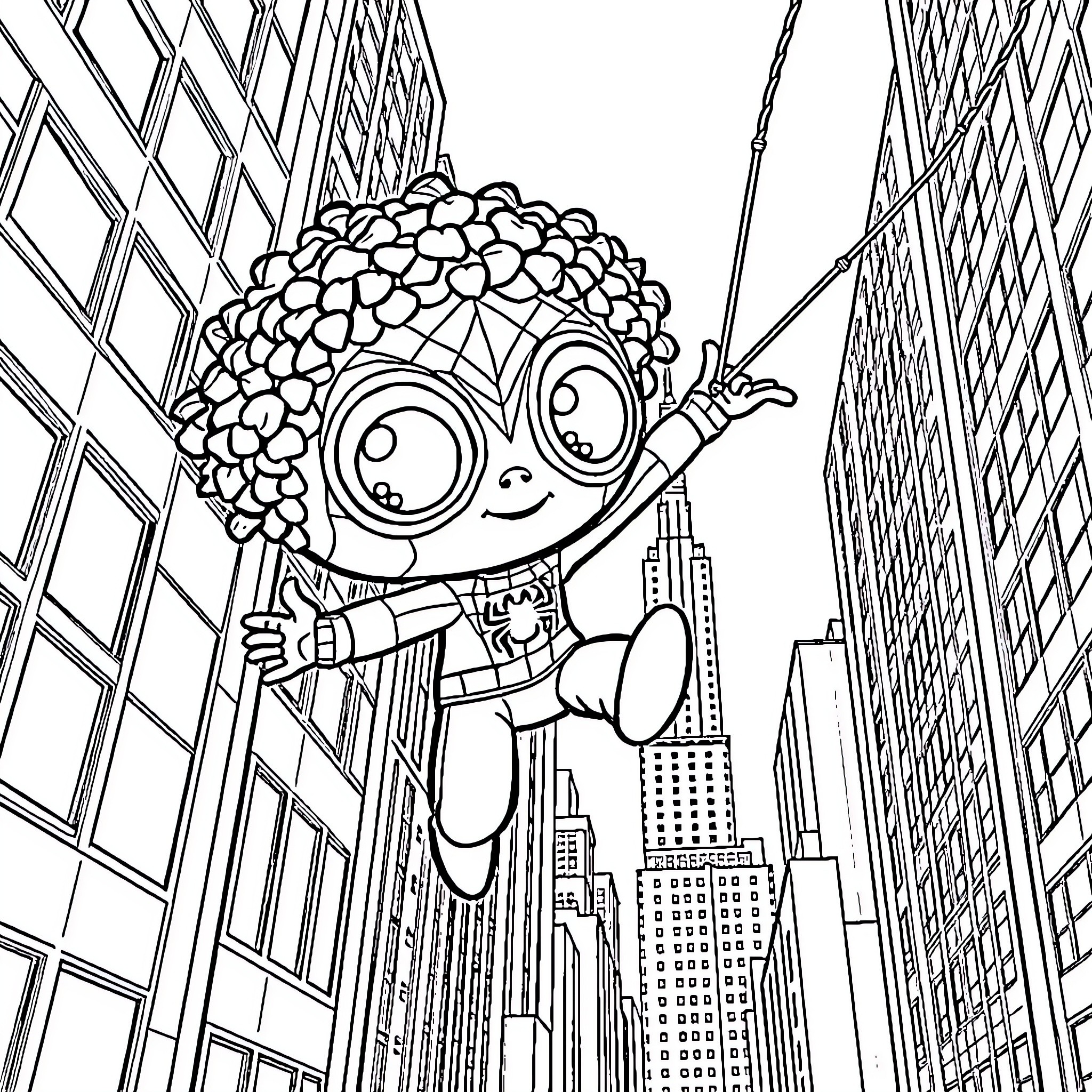 Doll flying high over city skyline Coloring Page (free black-and-white line drawing printable PDF for all, from beginners to advanced learners, including children, teens, adults, and seniors)