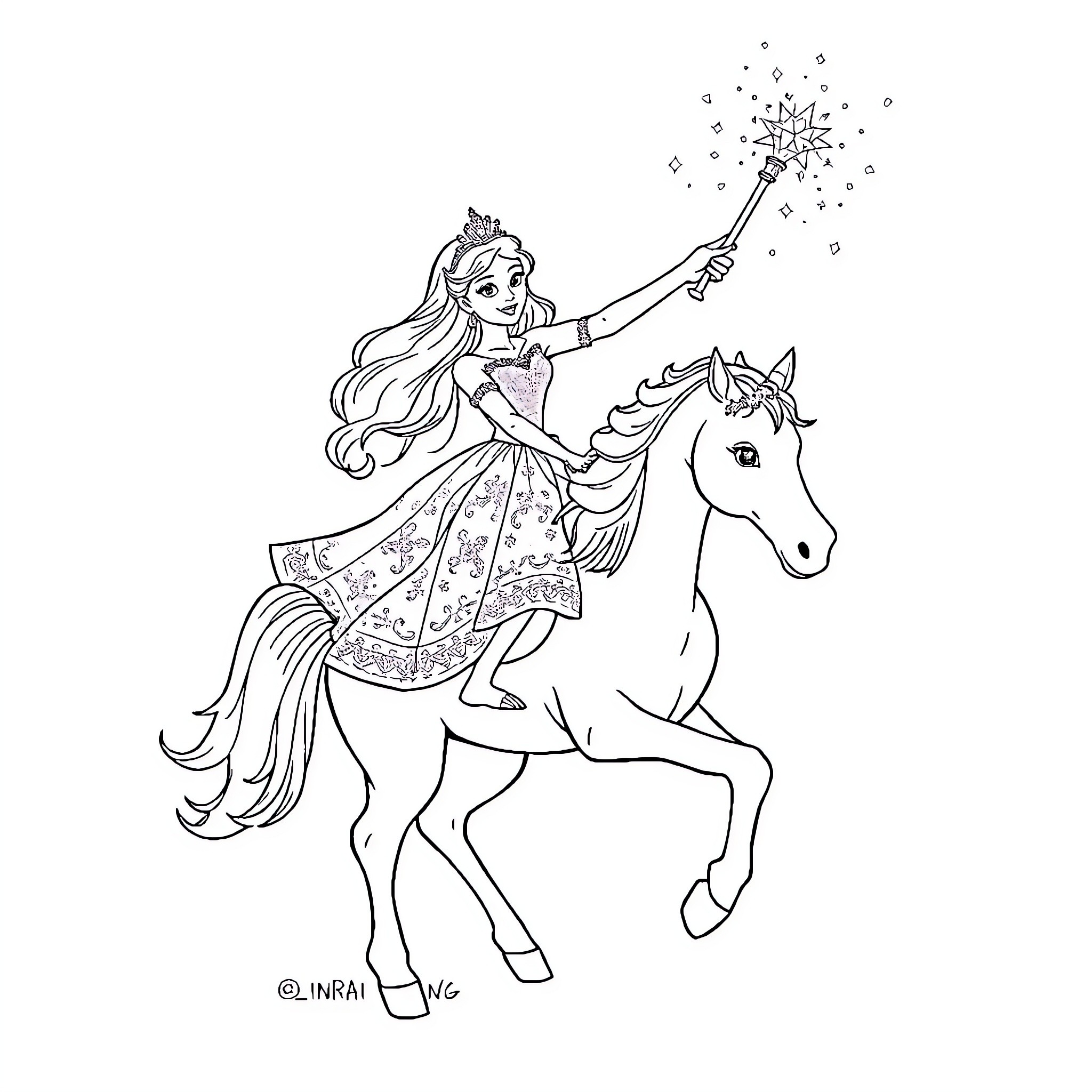 Princess riding a magical unicorn with a sparkling wand Coloring Page (free black-and-white line drawing printable PDF for all, from beginners to advanced learners, including children, teens, adults, and seniors)