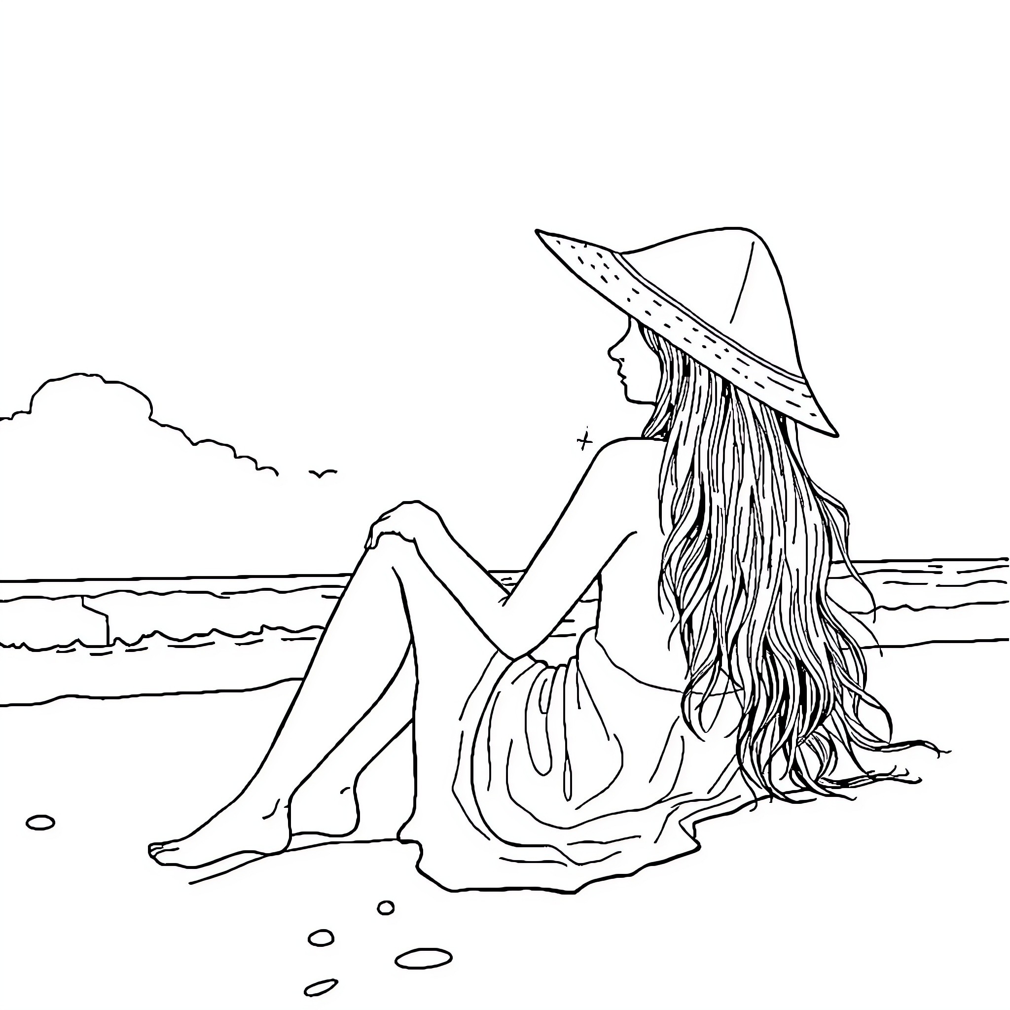 Plage - Woman relaxing on the beach Coloring Page (free black-and-white line drawing printable PDF for all, from beginners to advanced learners, including children, teens, adults, and seniors)