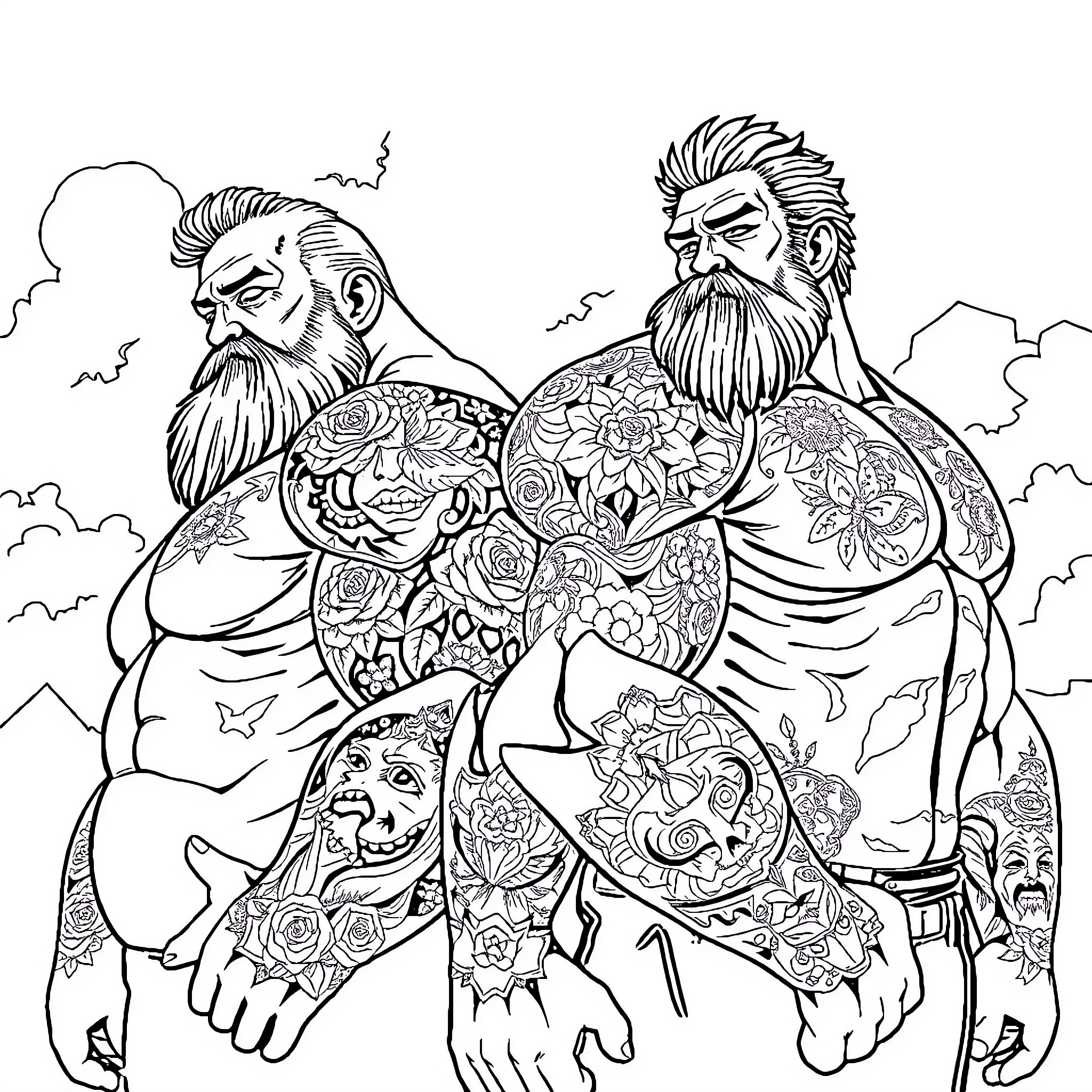 Giant Tattooed Muscular Men in Fierce Poses Coloring Page (free black-and-white line drawing printable PDF for all, from beginners to advanced learners, including children, teens, adults, and seniors)