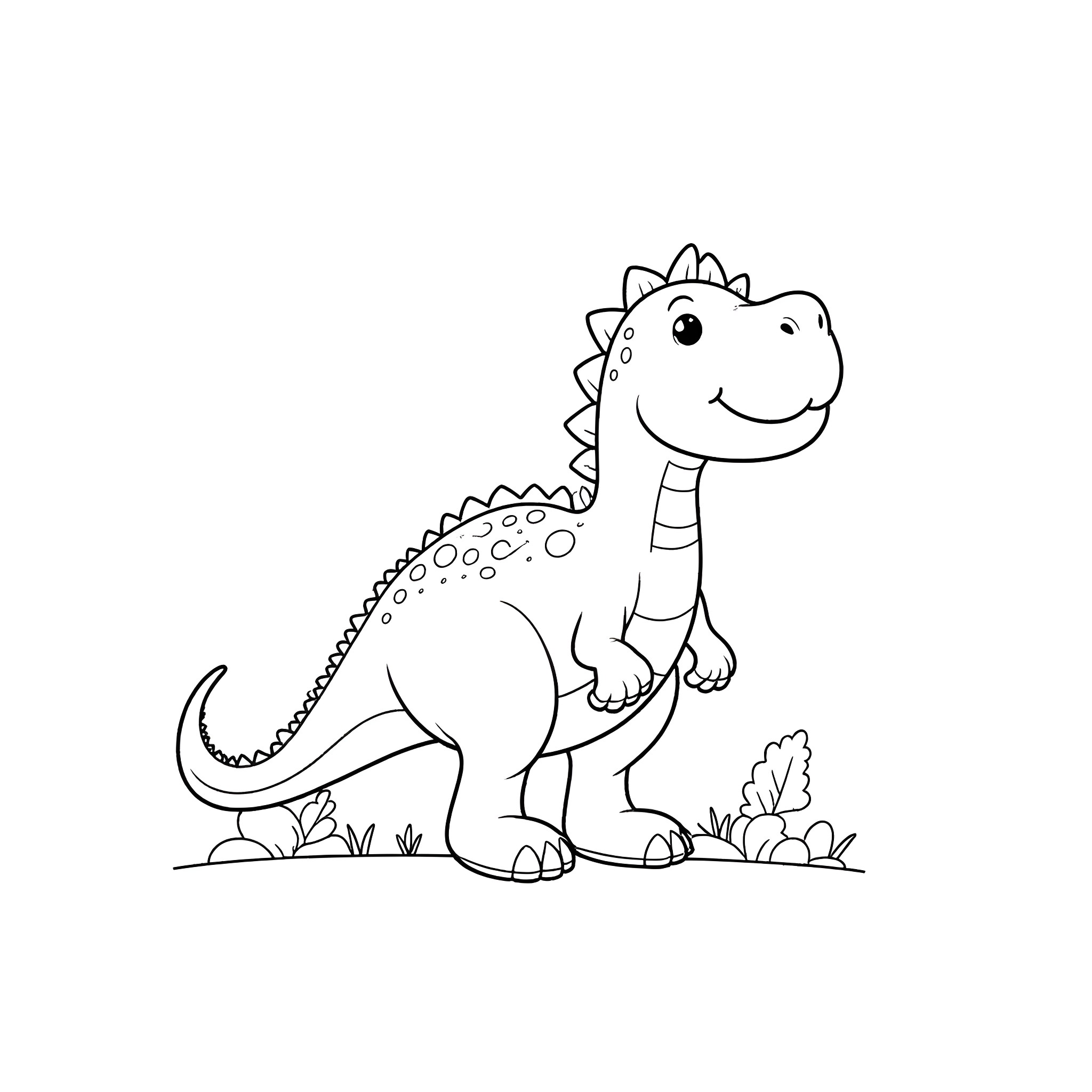 Dinosaur standing happily in nature Coloring Page (free black-and-white line drawing printable PDF for all, from beginners to advanced learners, including children, teens, adults, and seniors)