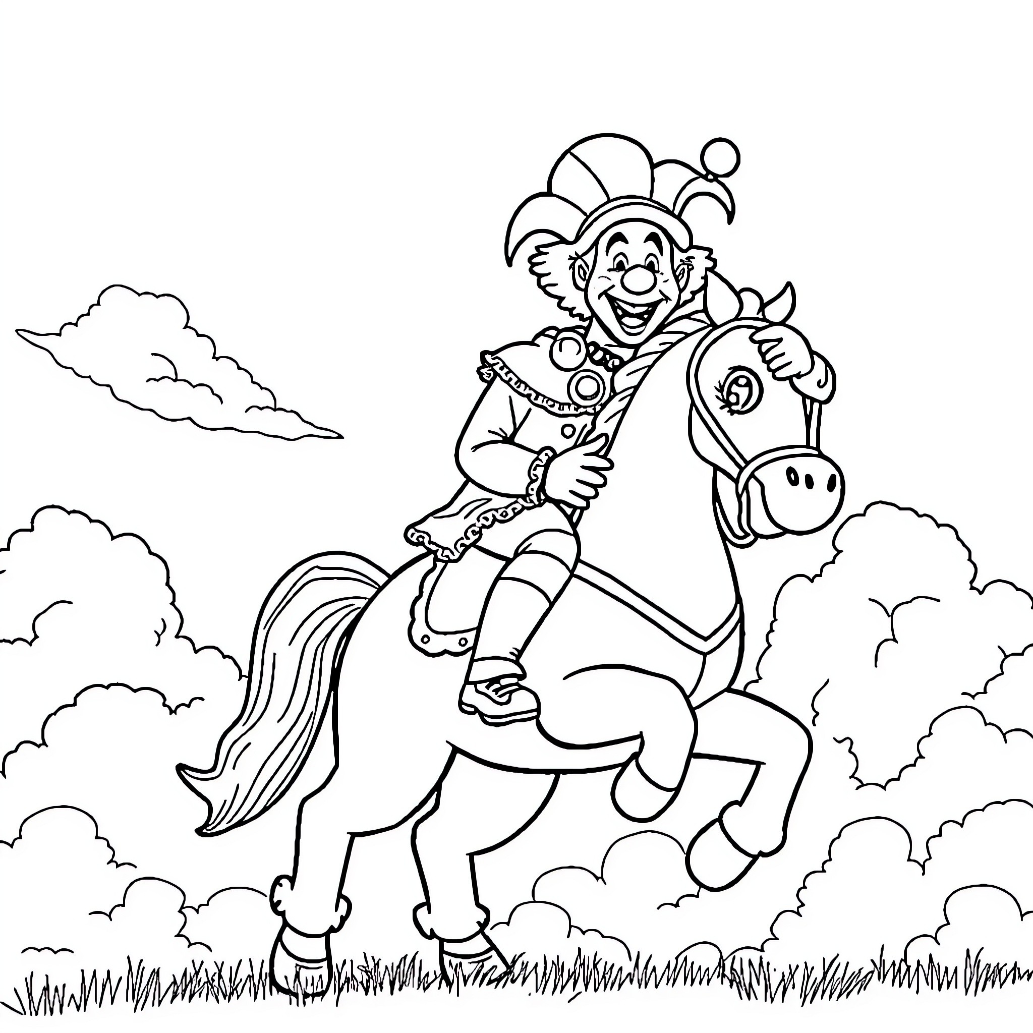 Clown riding a horse through the clouds Coloring Page (free black-and-white line drawing printable PDF for all, from beginners to advanced learners, including children, teens, adults, and seniors)