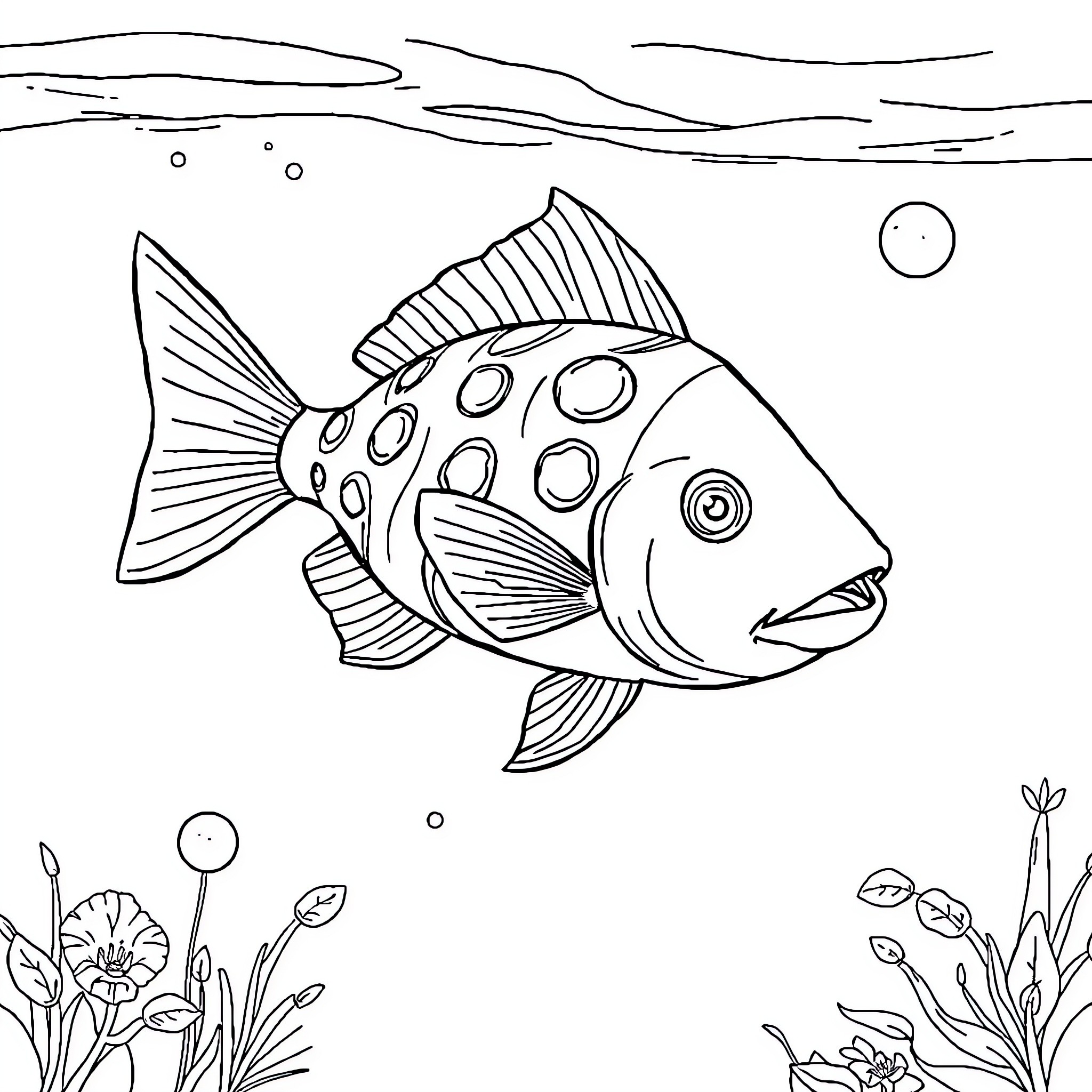 Fish swimming in the underwater scene Coloring Page (free black-and-white line drawing printable PDF for all, from beginners to advanced learners, including children, teens, adults, and seniors)