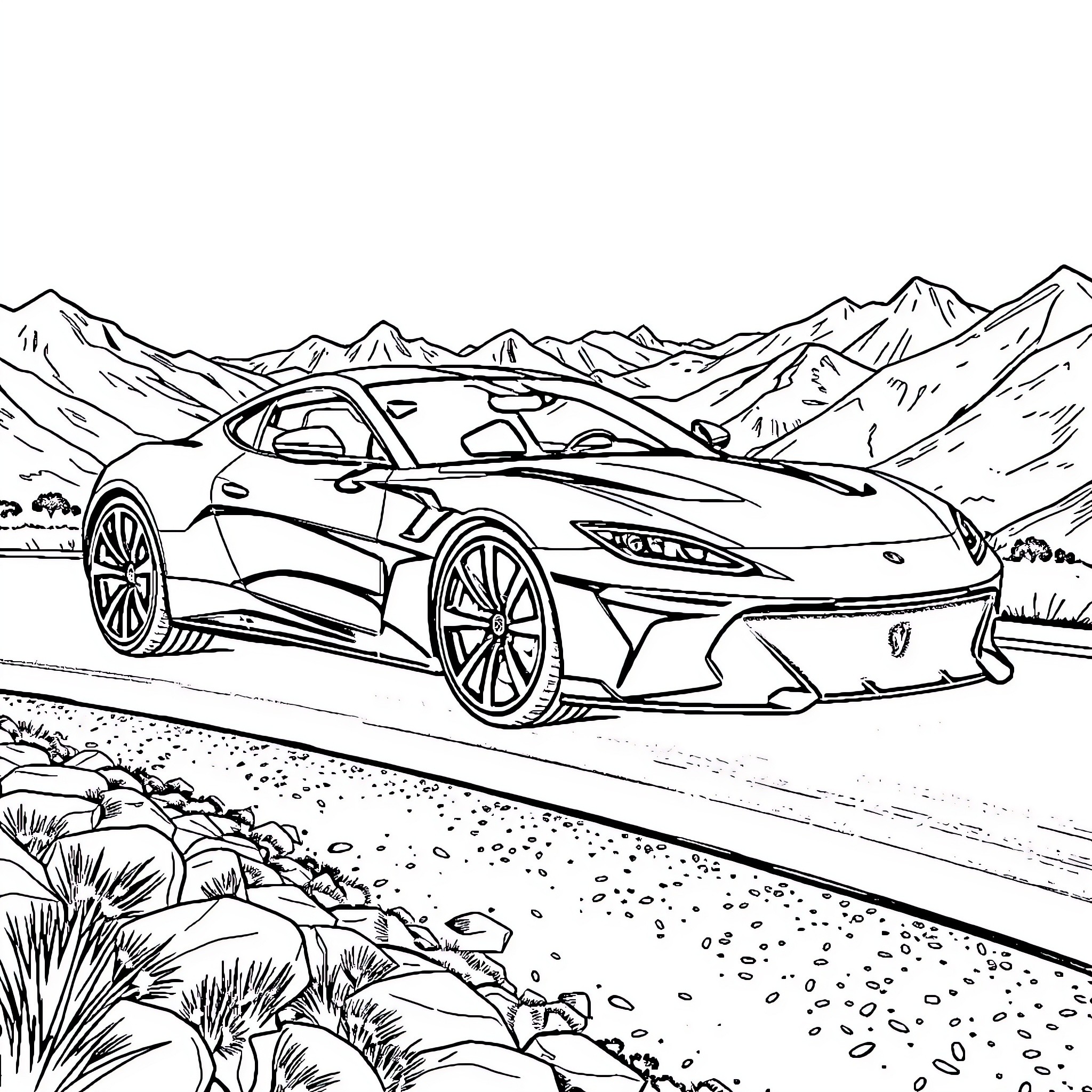 Sports Car Racing Through Scenic Mountain Landscape Coloring Page (free black-and-white line drawing printable PDF for all, from beginners to advanced learners, including children, teens, adults, and seniors)