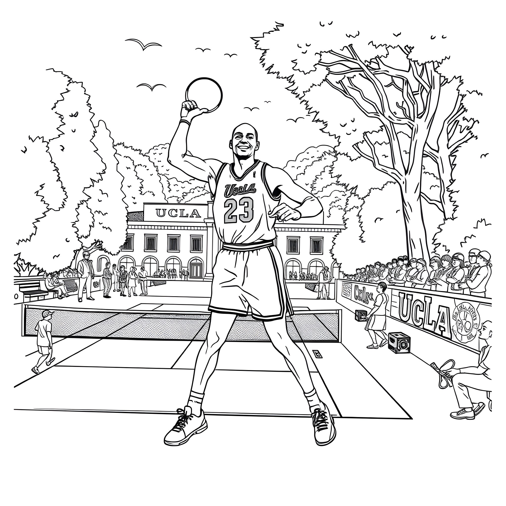 Michael Jordan Dominates Basketball Game at UCLA Coloring Page (free black-and-white line drawing printable PDF for all, from beginners to advanced learners, including children, teens, adults, and seniors)