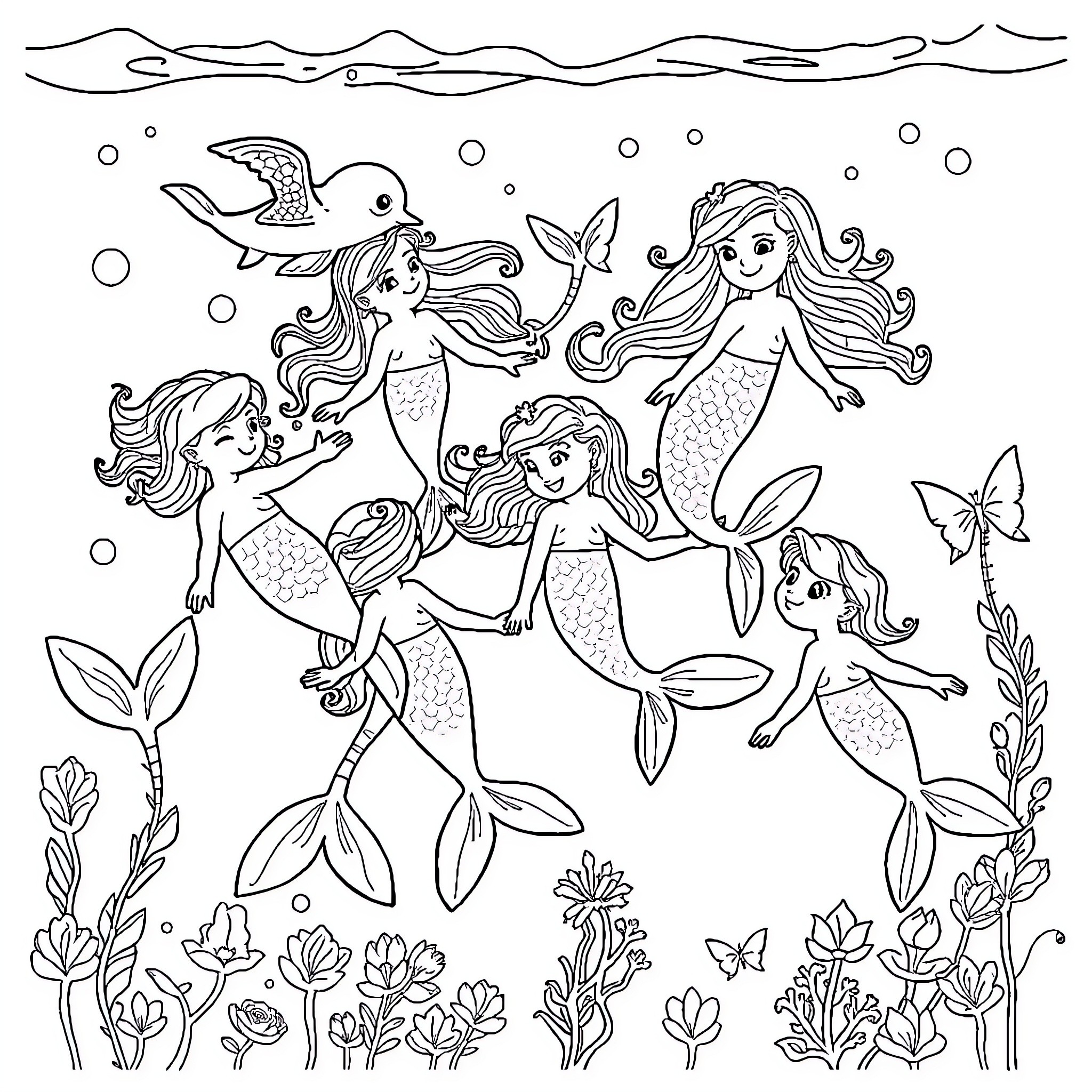 Mermicorno playing and exploring underwater scenery Coloring Page (free black-and-white line drawing printable PDF for all, from beginners to advanced learners, including children, teens, adults, and seniors)
